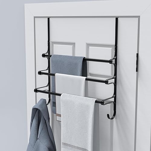 Miniatura 8 de Toallero para colocar sobre la puerta, toallero para puerta de baño, soporte triple para almacenamiento de toallas con ganchos (negro mate, 17.32