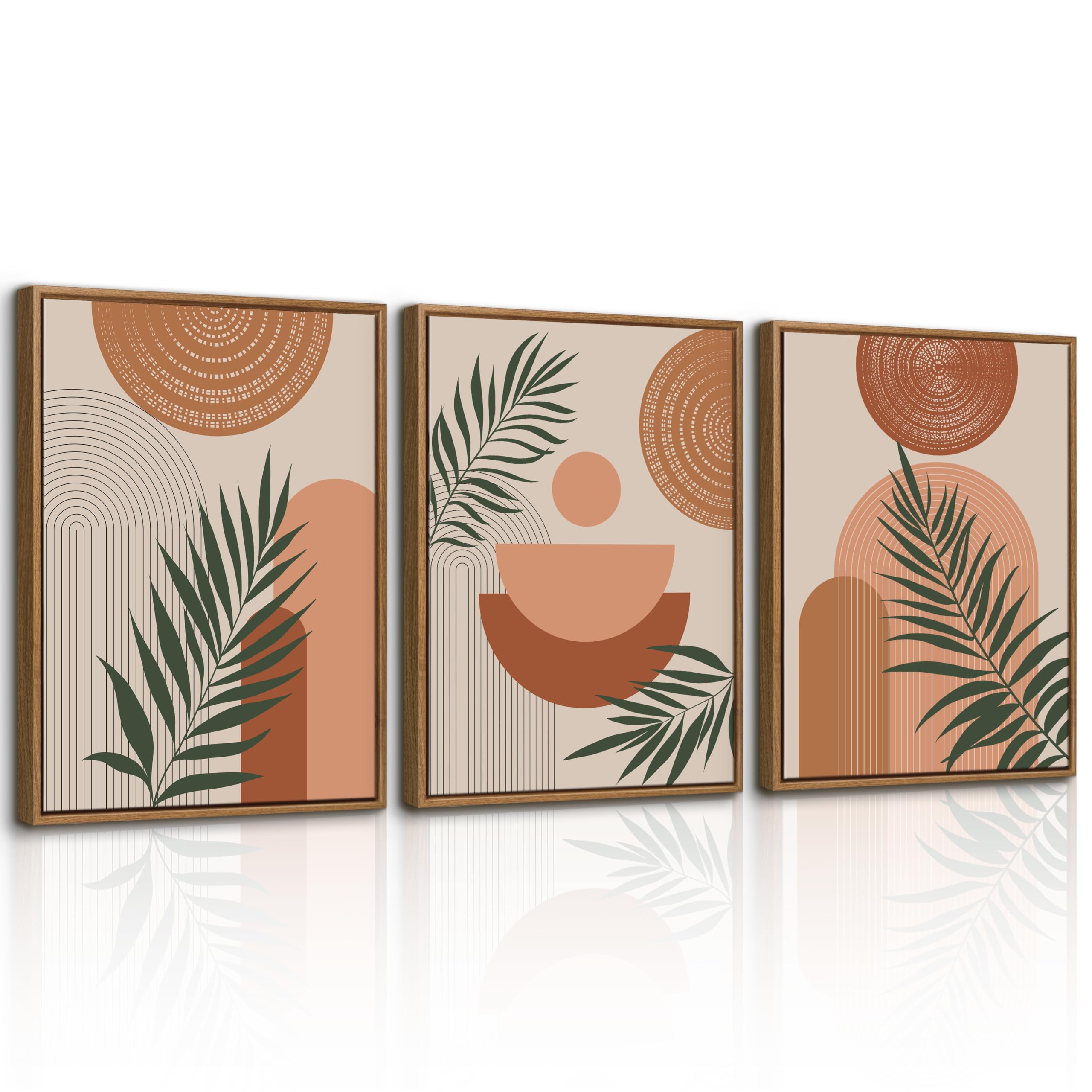 3Pcs Terracotta Boho Framed Canvas Wall Art Prints Abstract Botanical Geometric Line Paintings Minimalist Plant Leaf Pictures Posters Mid Century Artwork for Living Room Bedroom Office 12x16x3