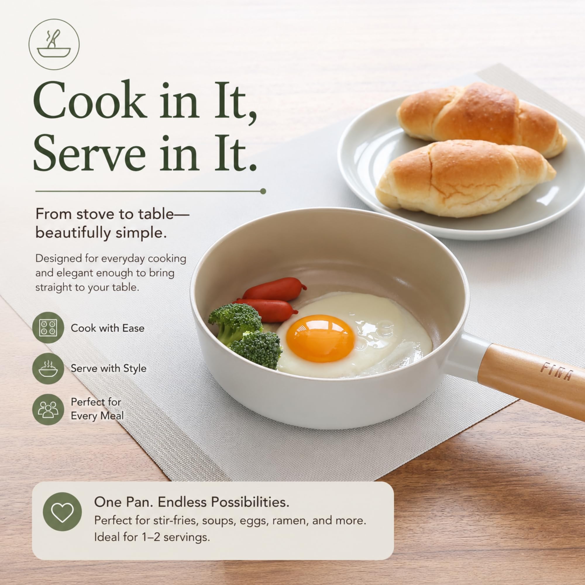 FIKA Mini-Wok mit Holzgriff, Induktions-kompatibles Kochgeschirr für alle Herdplatten, Küchenutensilien, Keramikbeschichtung, gesundes Kochen, Omelett-Bratpfanne, hergestellt in Korea (18 cm)