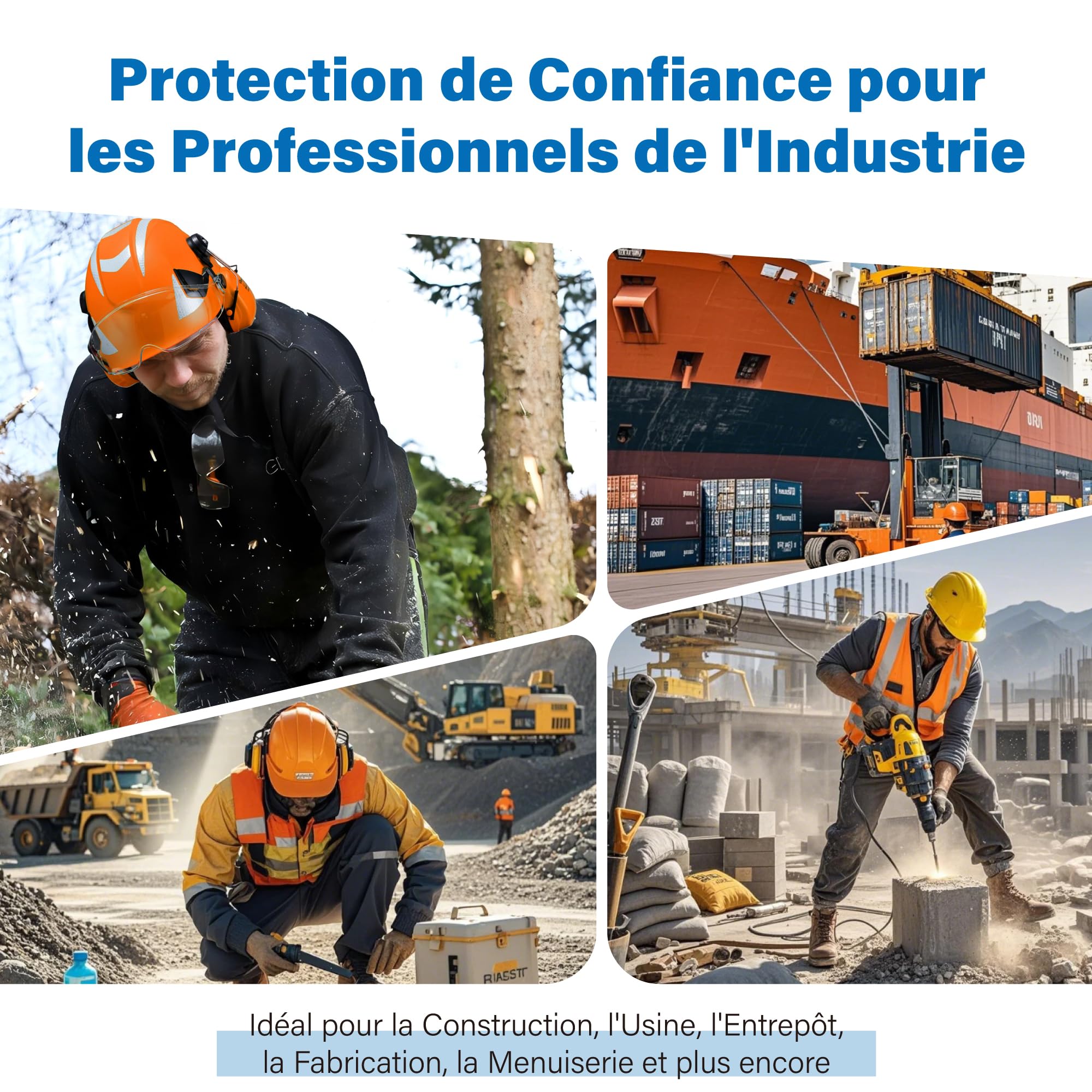 Safeyear Casque de Sécurité EN397 avec Visière et Cache-Oreilles, Casque Protection ABS avec Lunette UV, Casque de Chantier Réglable 53–64cm pour Industrie, logistique de Stockage, Forestier