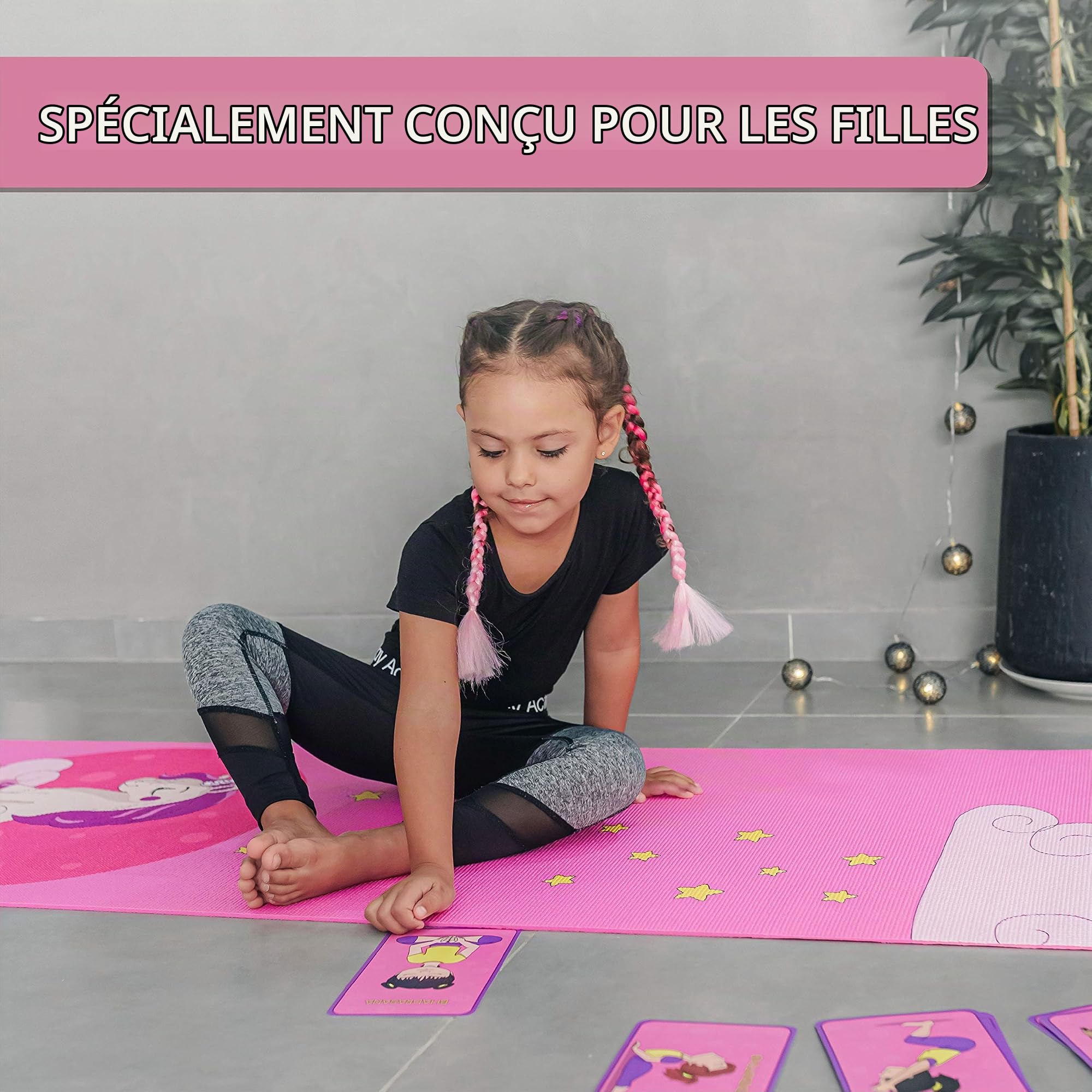 Set Tapis Yoga Enfant - Tapis de Yoga pour Filles et Garçons - sans Produits Chimiques - Non Toxique – Antidérapant - avec 12 Cartes de Yoga et Un Sac Portable