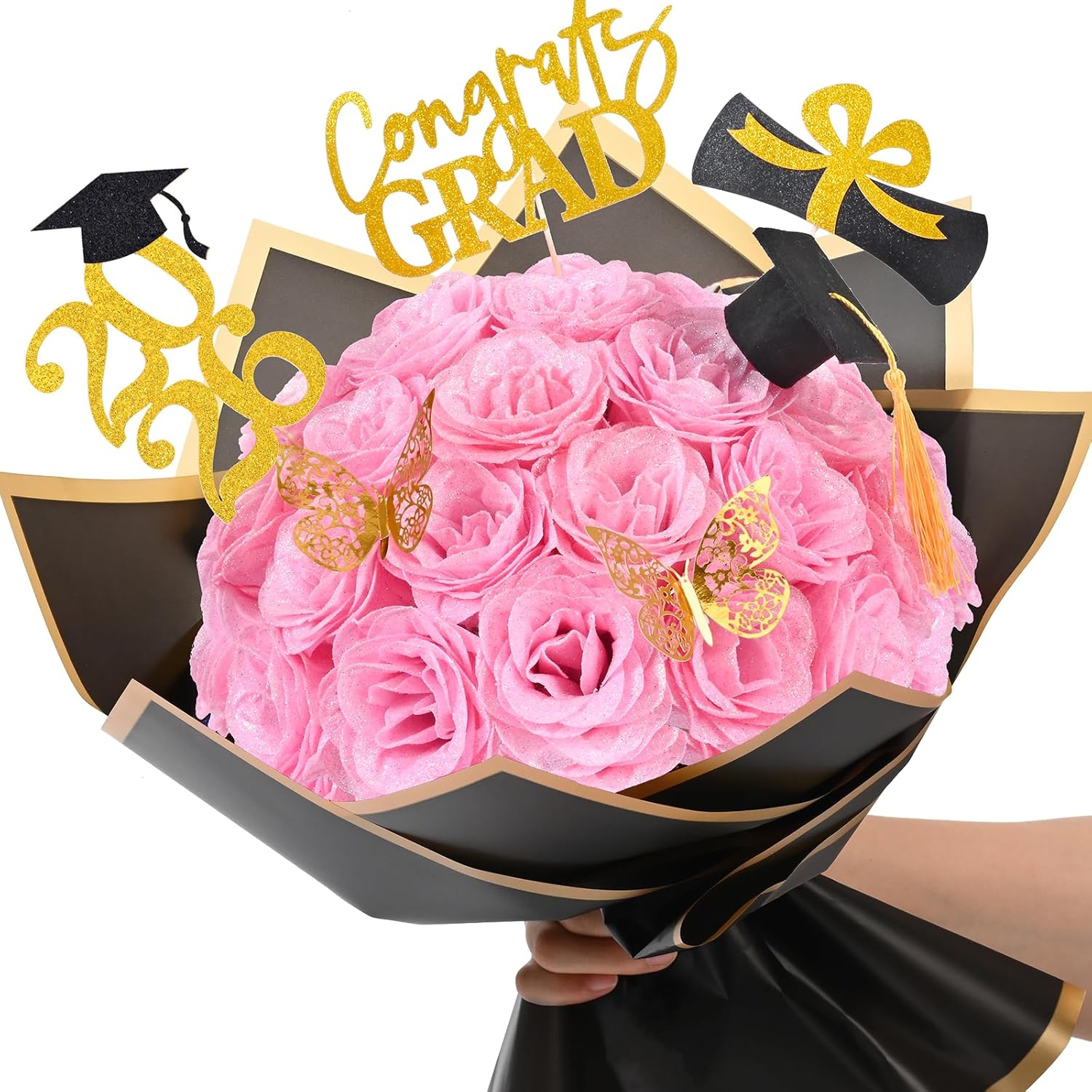 Waipfaru 2026 Graduation Gifts, Glitter Roses Bouquet, Graduation Gift for Her, DIY Fake Flowers Bouquet with Graduation Stand-Up Signs, 36 Pink Roses, for High School/College/Middle School Grads