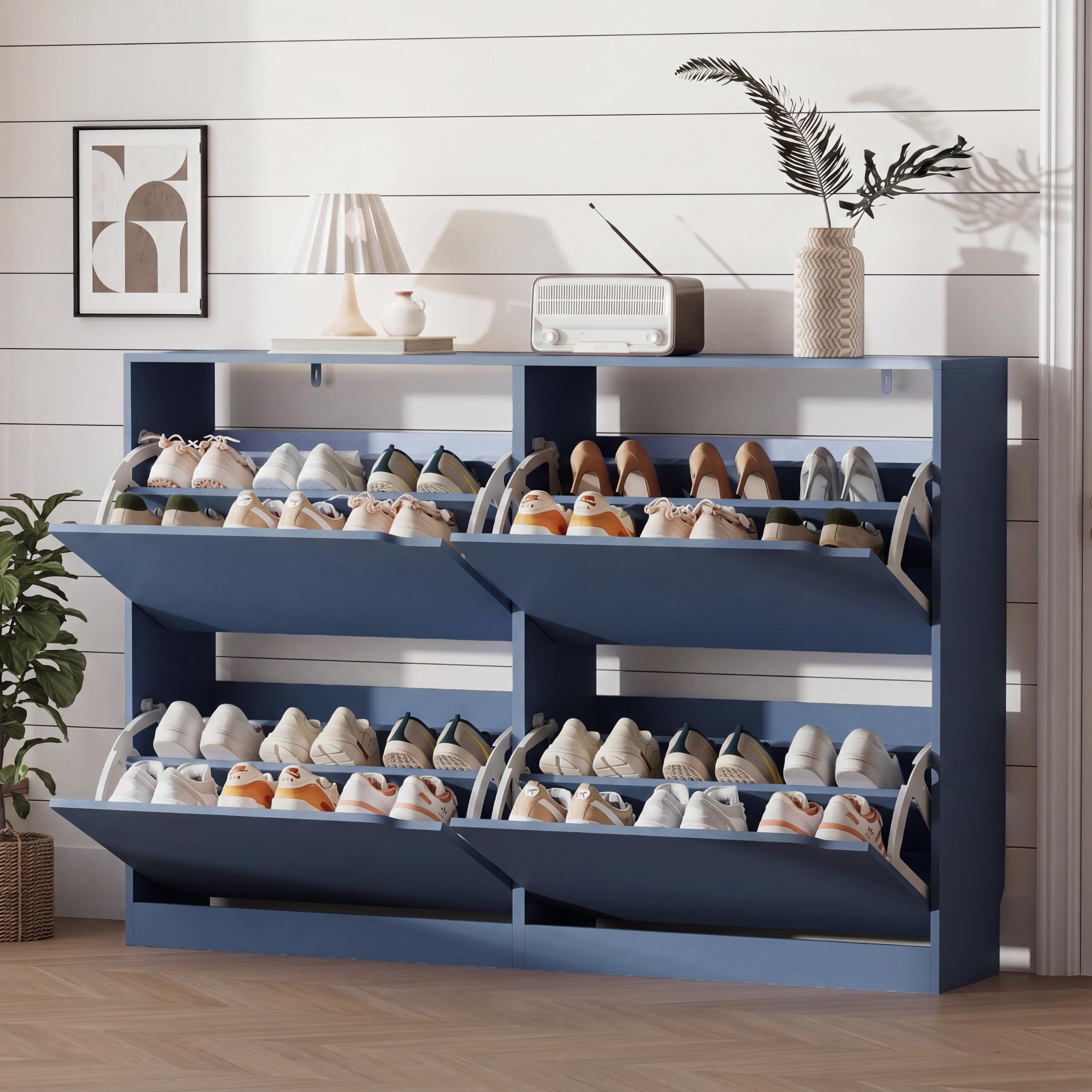 Xixini Shoe Storage Cabinet for Entryway with 4 Flip Drawers, Sturdy Wood Hidden Shoe Storage, Freestanding Narrow Slim Shoe Organizer for Front Door Entrance, Living Room, Hallway, Bedroom, Blue