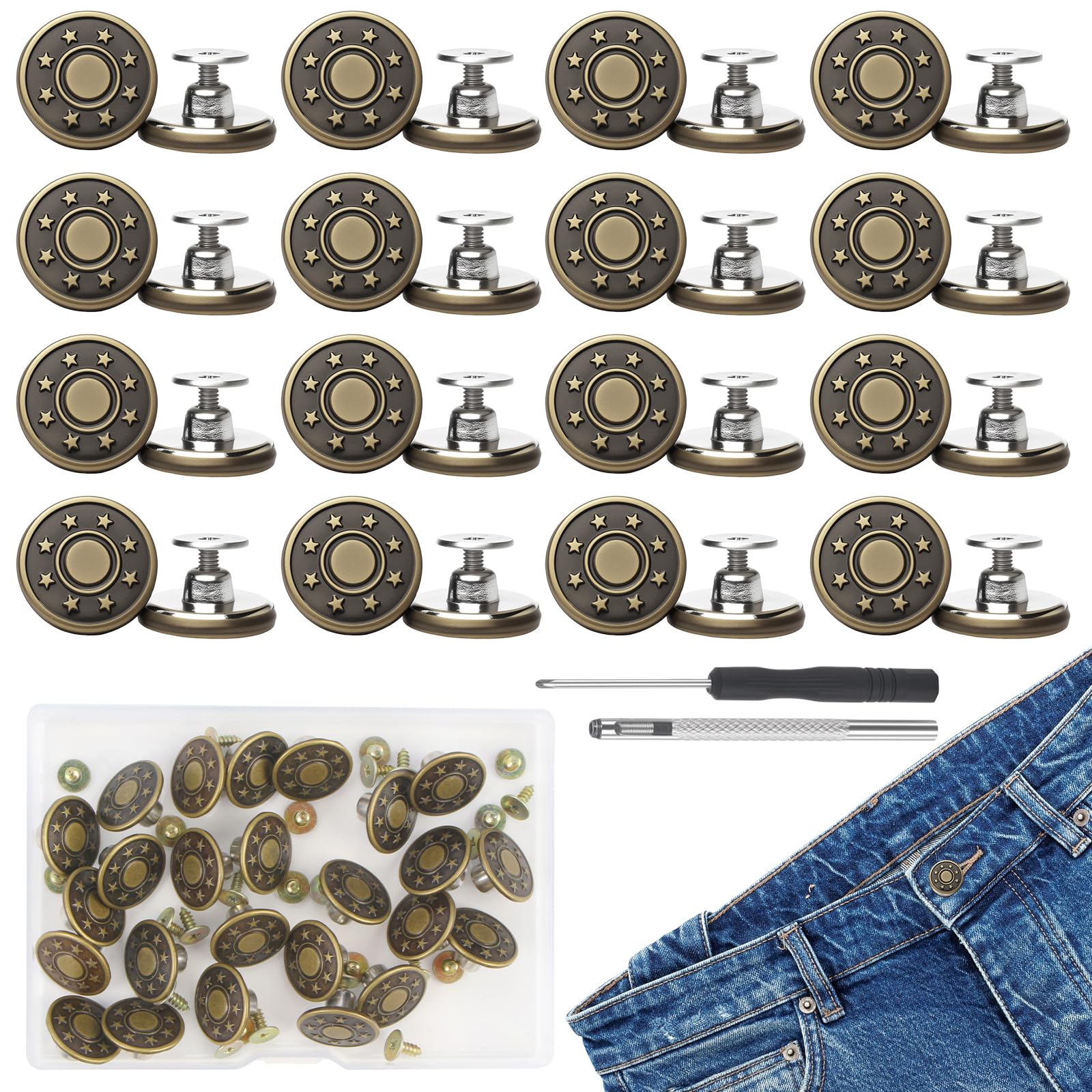 25 Pezzi Bottoni Jeans, Bottoni per Jeans Senza Cucire, Bottoni Rimovibili Jeans, con Cacciavite per la Riparazione di Pantaloni, Cappotti, Giacche, Fai Da Te Artigianali