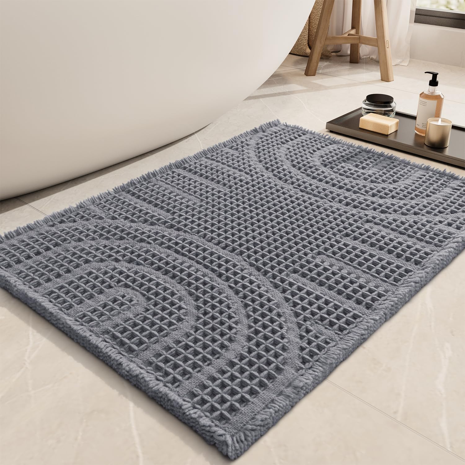 AMOAMI Waffle Bath Mat Super Absorbent Bath Mats for Bathroom Non Silp Machine Washable Bathroom Mat Soft Bath Rugs with Tassels Front of Bathtub,