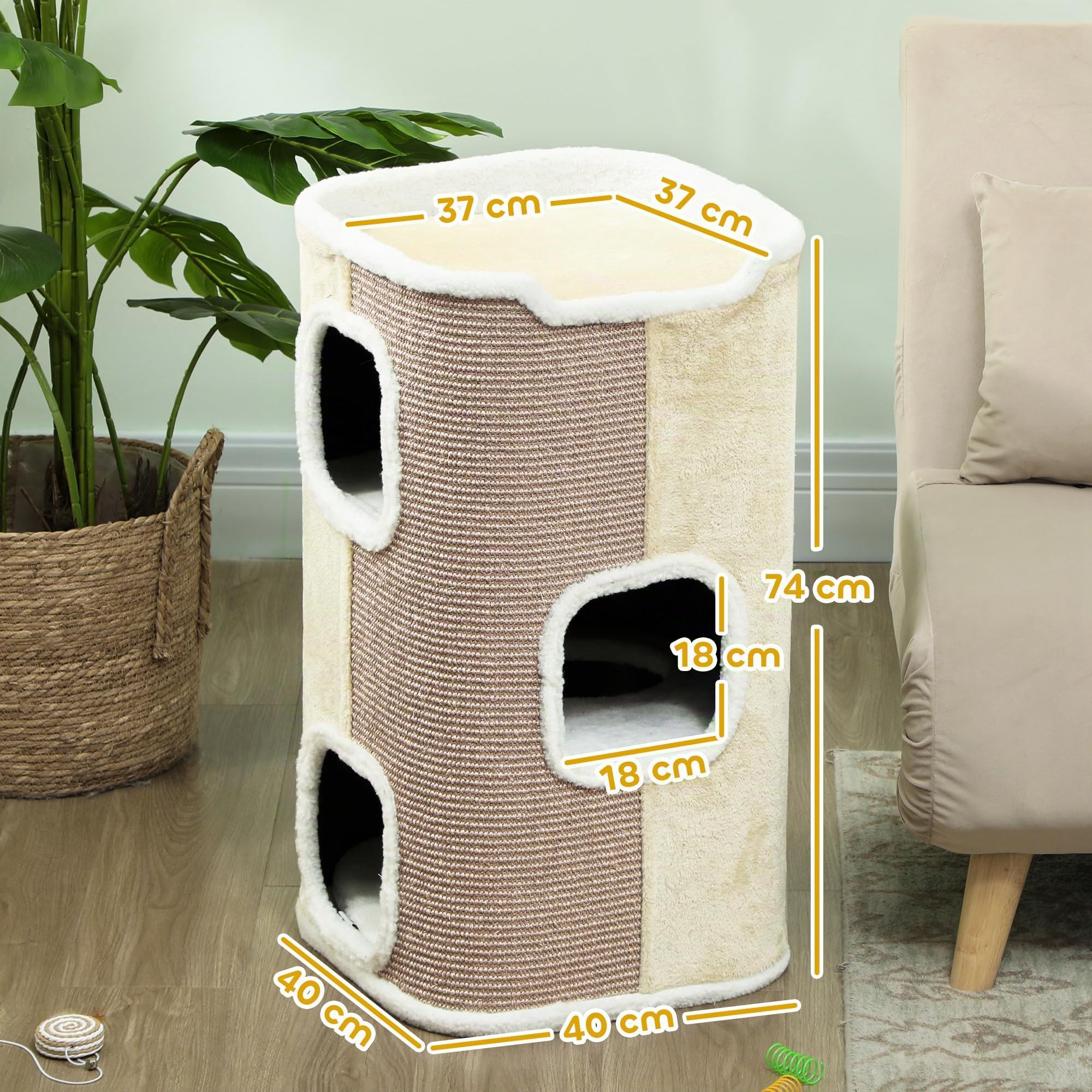 PawHut Tonneau à chat à trois étages de 74 cm de haut avec coussin, bord en peluche, grotte pour petits chats, beige + blanc