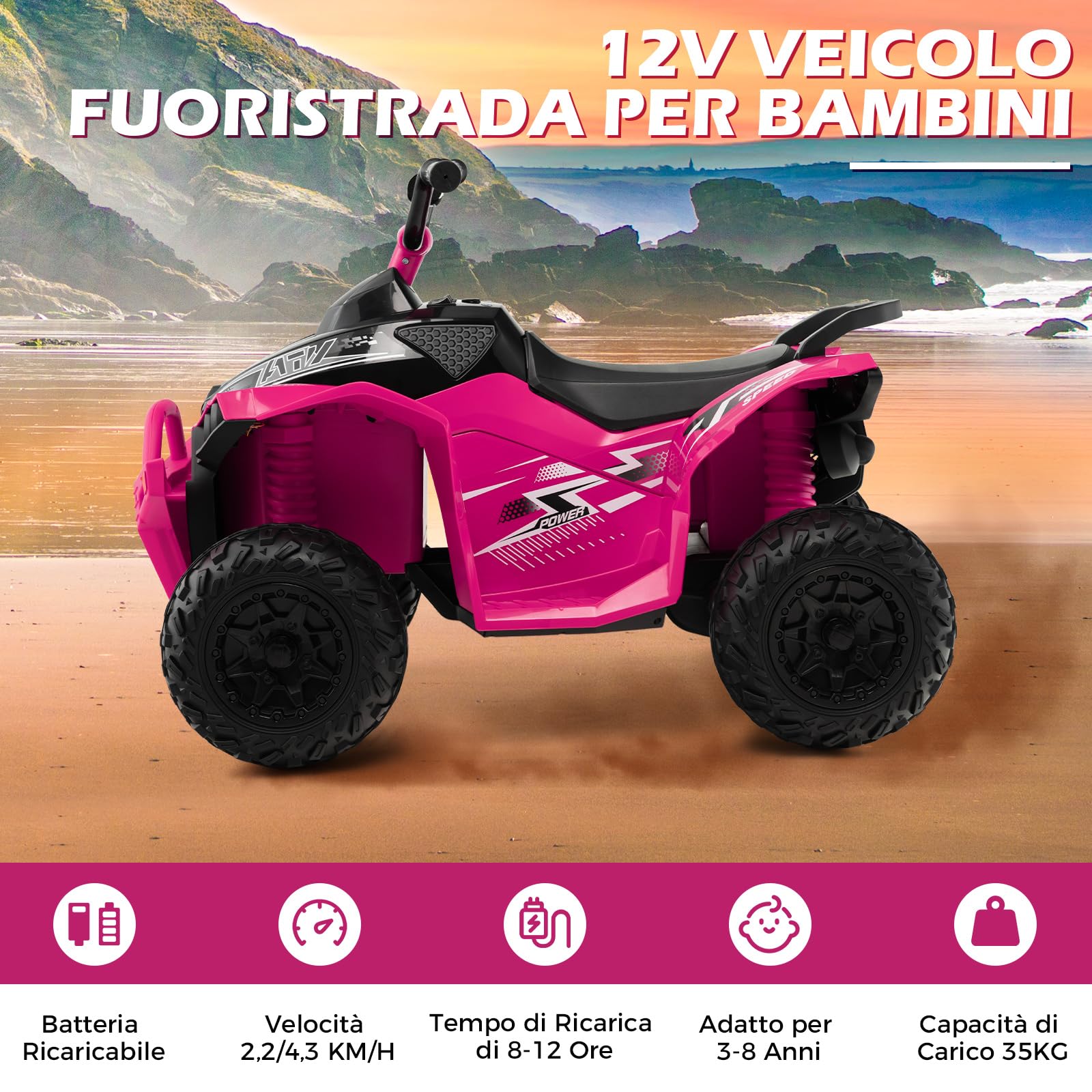 GYMAX Quad Elettrico per Bambini 12V, ATV Batteria con Velocità Alta/Bassa, Avanti/Indietro, Clacson, Musica, Fari a LED, Quadriciclo Motorizzato Giocattolo per Ragazzi dai 3 agli 8 Anni (Rosa)