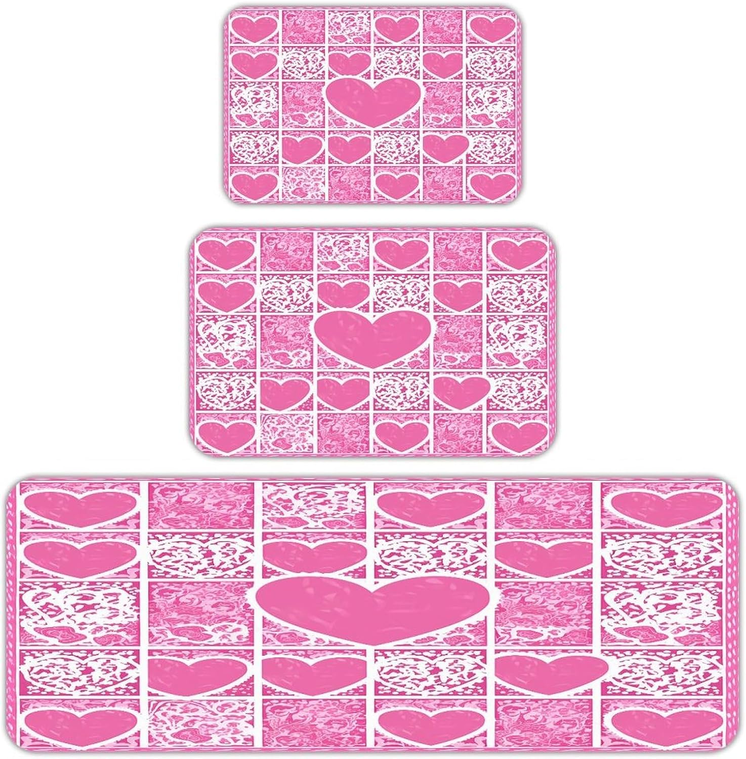 Pink White Love Heart Kitchen Mat Set of 3 Waterproof Floor Mats Non-Slip Kitchen Rugs Premium Flannel Rug Heavy Duty Standing Mat for Kitchen Home Bathroom Laundry