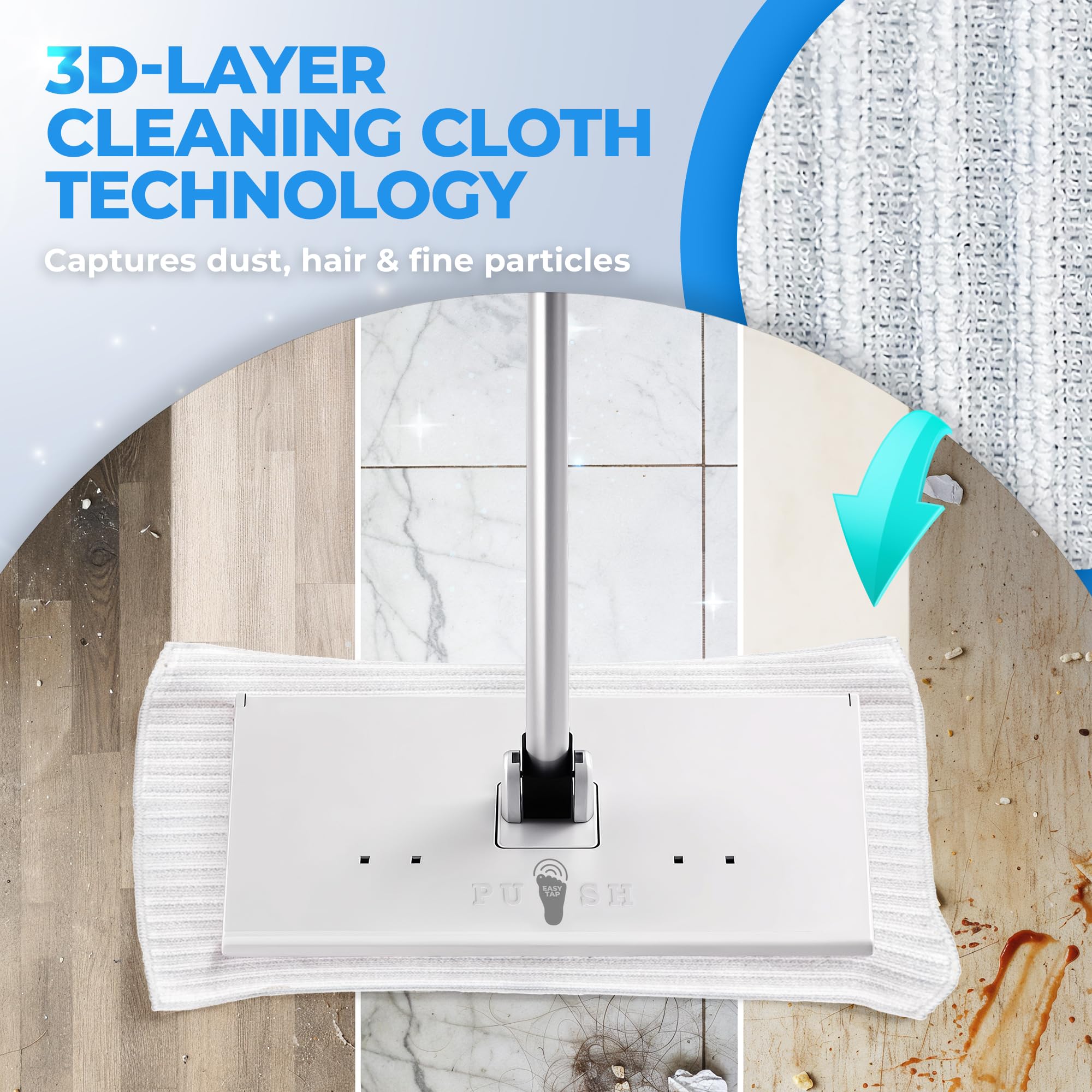 Hands-Free Flat Floor Mop & Sweeper - Foot-Tap Lock System Compatible with Most Pads - 360 Swivel & Adjustable Aluminum Handle - Includes Baking Soda Wet Wipes & 3D Microfiber Cloth — view 5