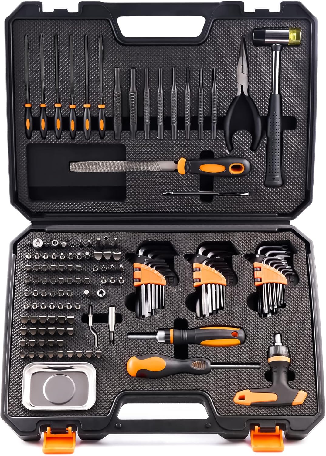 KNINE OUTDOORS Screwdriver Set Repair Kit Maintenance Tools with File Set, Hex Key Set, Ergonomical Designed T-BAR Ratcheting Wrench Rubber Mallet Bits Wrenches Adapters Pin Punches, 138 Set