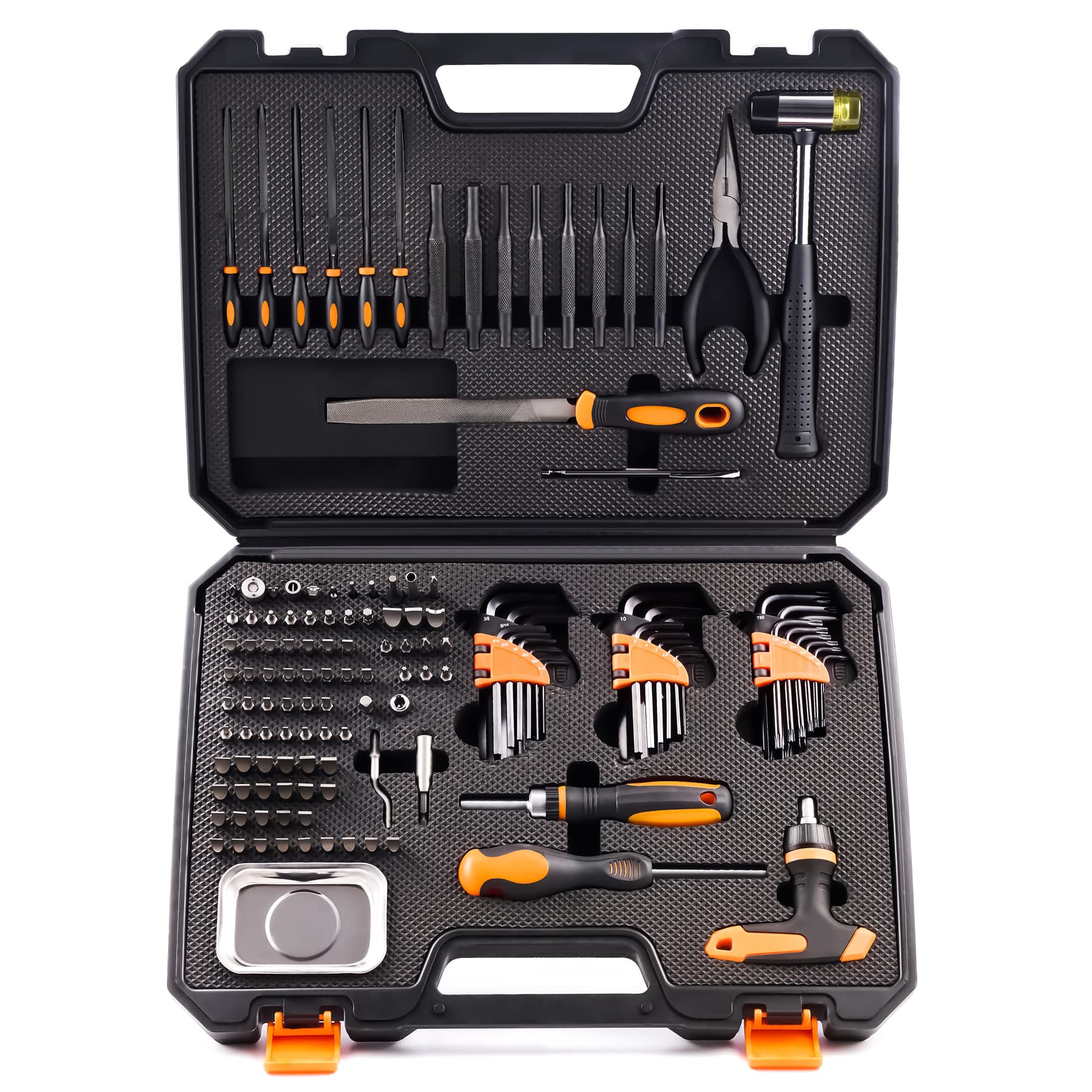 KNINE OUTDOORS Screwdriver Set Repair Kit Maintenance Tools with File Set, Hex Key Set, Ergonomical Designed T-BAR Ratcheting Wrench Rubber Mallet