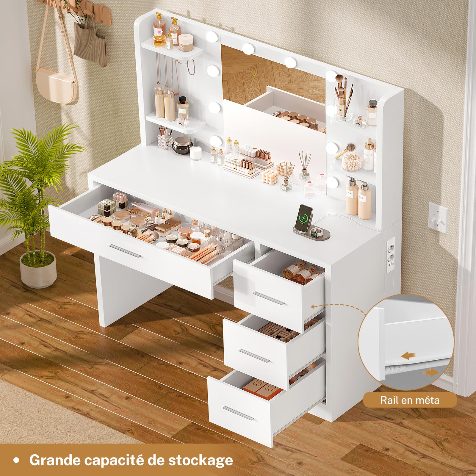 TEENFON Coiffeuse avec Miroir,Luminosité Réglable,3 Couleurs, Coiffeuse avec 4 étagères Ouvertes, Blanc,Prise,4 Tiroirs, 5 Crochets pour Bijoux