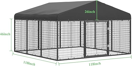 Miniatura 2 de Perrera de acero para perros de 118 x 118 pulgadas, ideal para perros medianos y pequeños, jaula de revestimiento antioxidante con techo, resistente