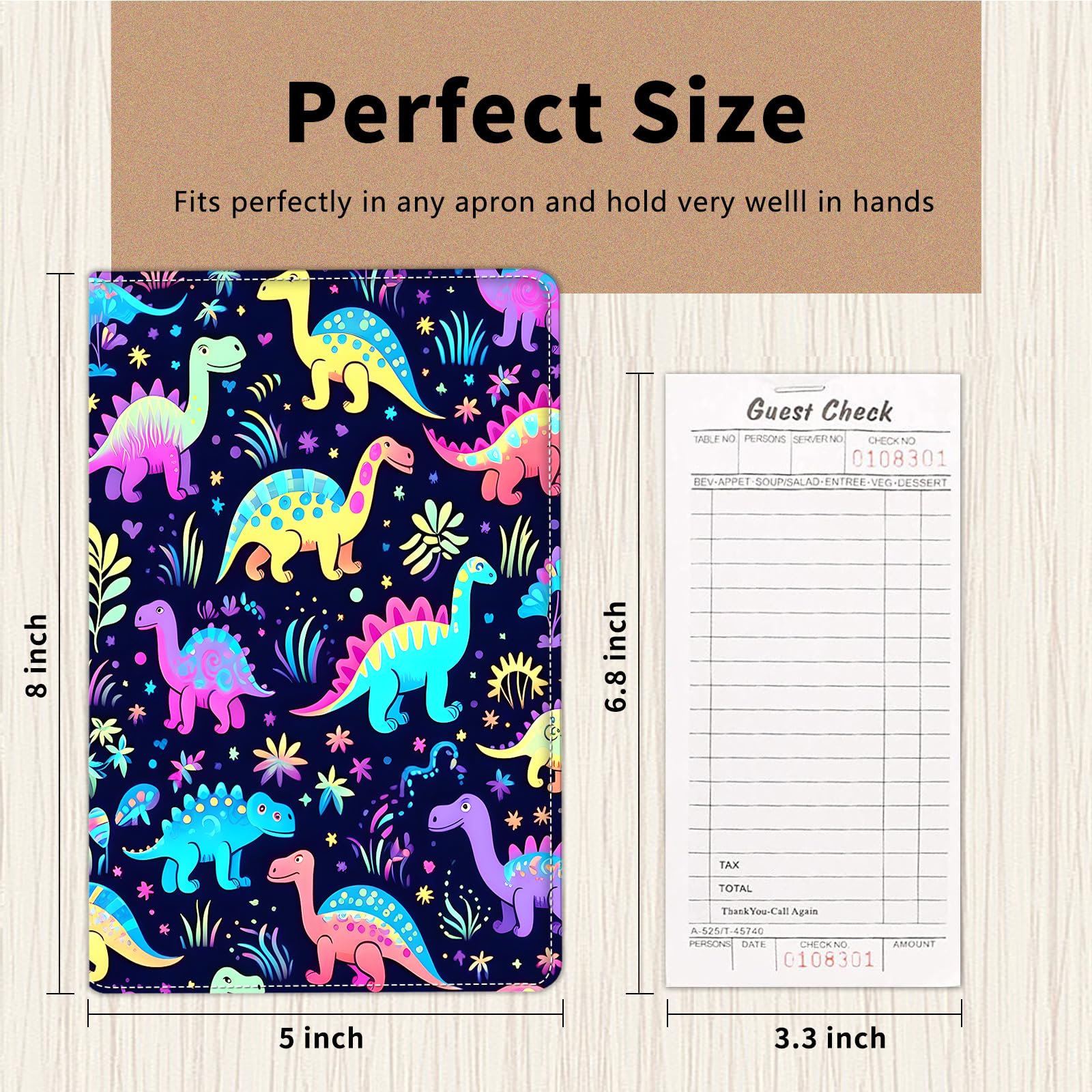 Server Book for Waitress,Server Books for Waitress with Zipper Pocket,Cute Server Book, Waitstaff Organizer Waitress Book with Money Pocket and Zipper Fit Server Apron,Cute Dinosaurs