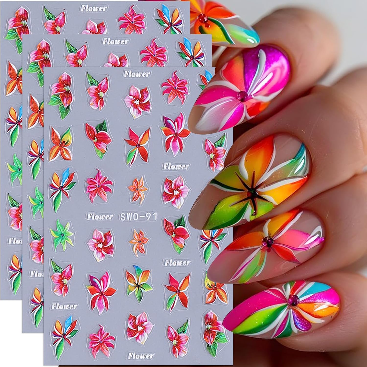 Tropical Flower Nail Stickers Summer Nail Decals 3PCS Self-Adhesive Red Pink Floral Sticker for Nails Summer Nail Art Supplies Leaf Flower Nail Manicure Accessories for Women Nail Art Decorations