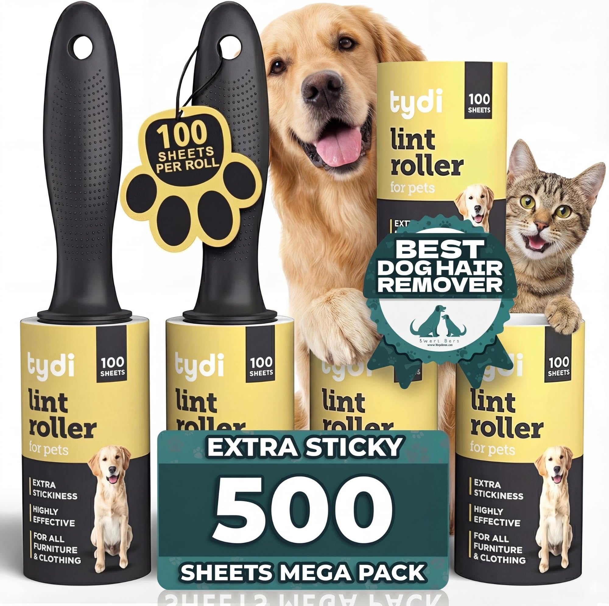 Tydi Pet Lint Rollers - 500 Sheets of Lint Roller Refills & 2 Handles - 100 Sheets per Sticky Clothes Roller - Lint Rollers for Pet Hair - Reusable Lint Roller for Clothes - Fluff Remover for Clothes