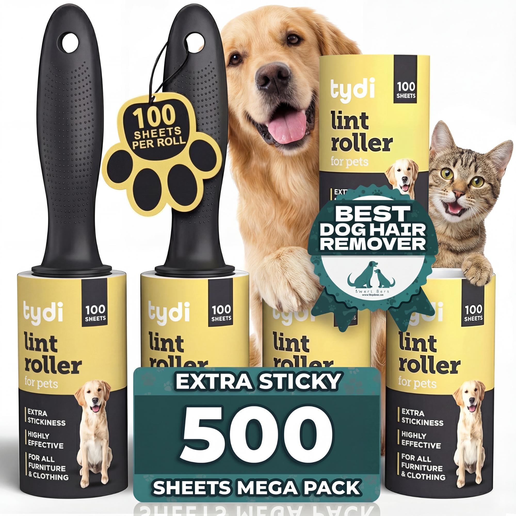 Pet Lint Rollers - 500 Sheets of Lint Roller Refills & 2 Handles - 100 Sheets per Sticky Clothes Roller - Lint Rollers for Pet Hair - Reusable Lint Roller for Clothes - Fluff Remover for Clothes