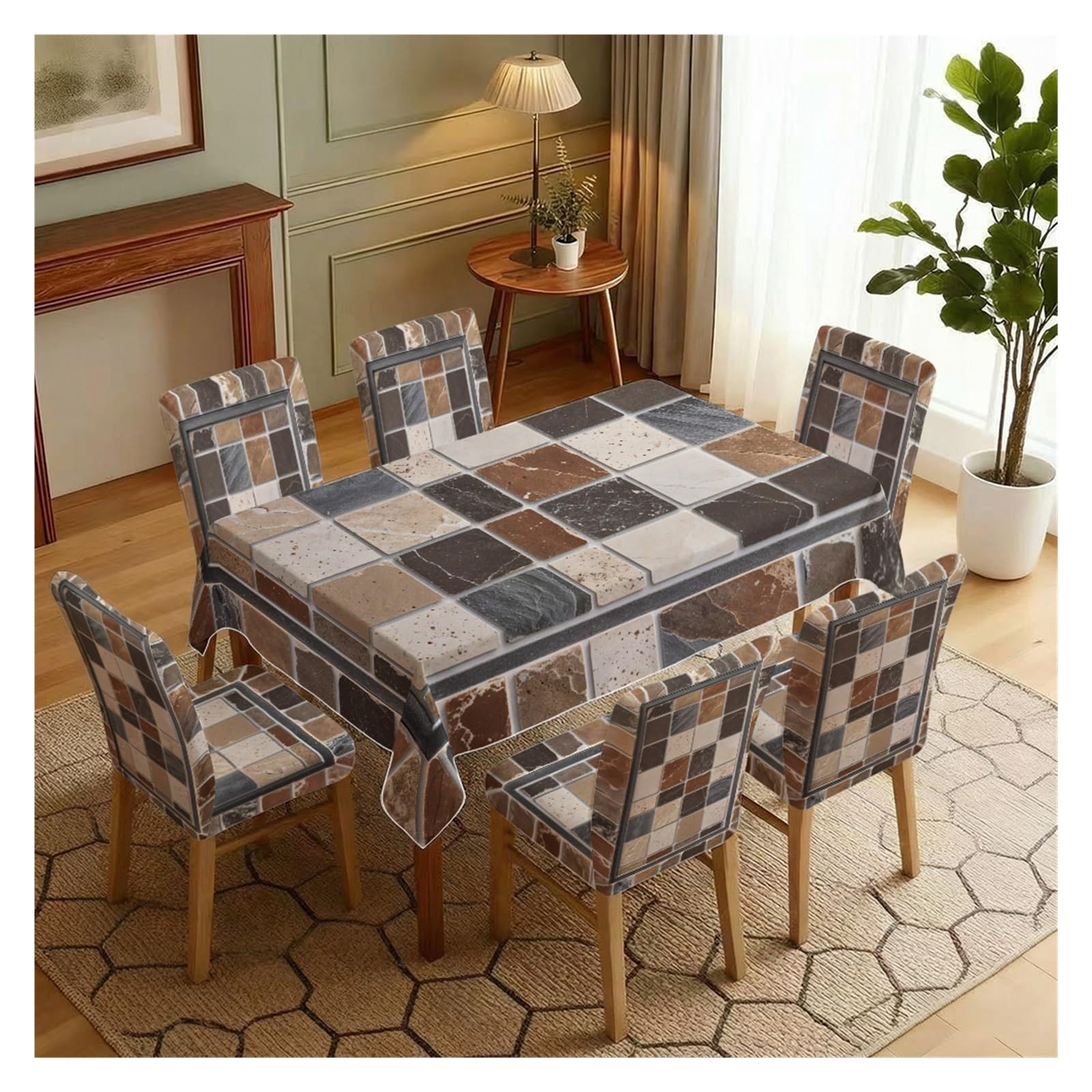 BOSUYBN Vintage Stone Tile Mosaic Geometric Print Dining Tablecloth & Chair Covers Set, 5/7 Piece Rustic Farmhouse Industrial Dining Decor Table Setting(7pcs Set: Tablecloth+Chair Covers)