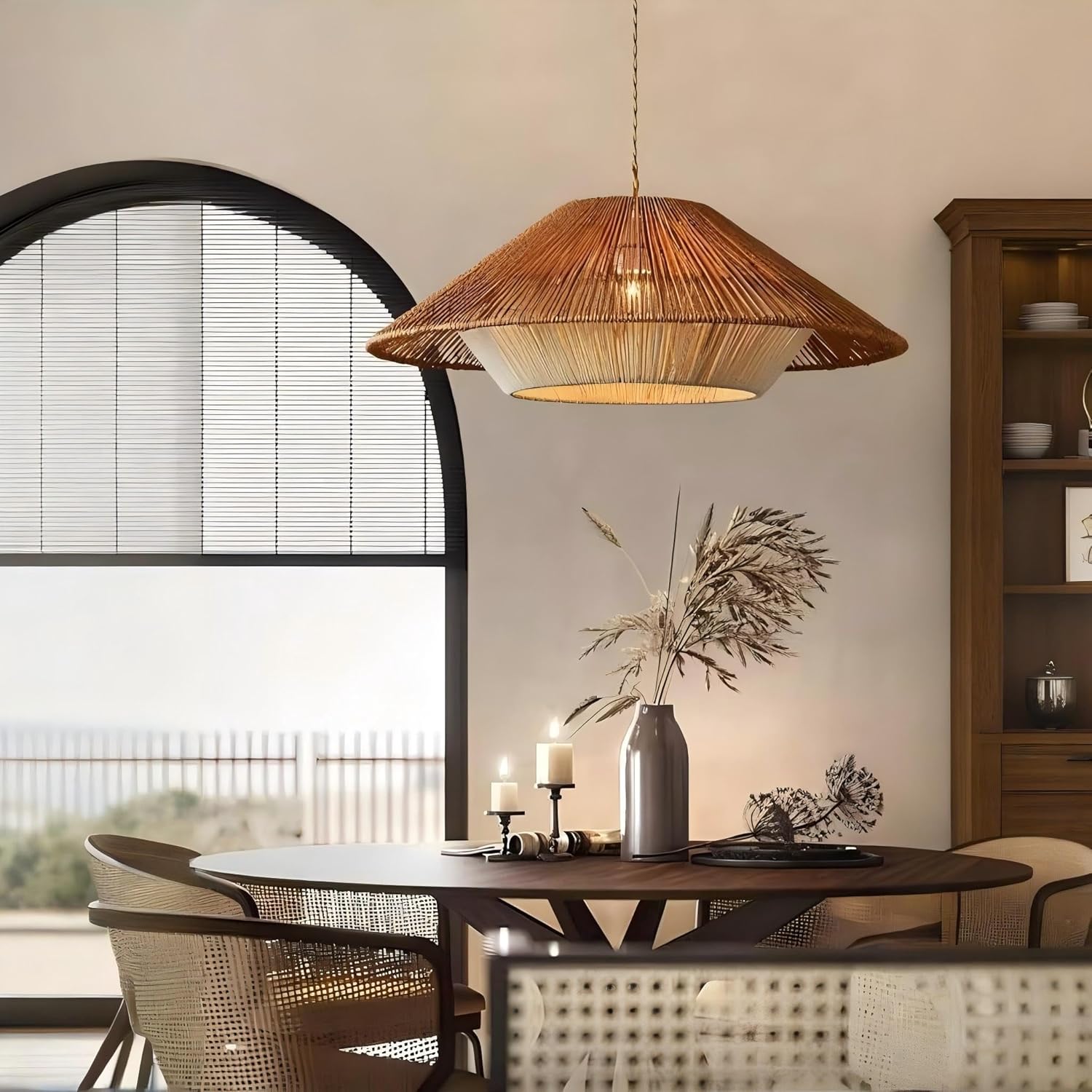 LIGHTLAND 23.6 Inch Bohemian Rattan Pendant Light, Twine Woven Chandelier, Wabi-sabi Style Handwoven Chandelier for Dining Room, Kitchen Island, Living Room