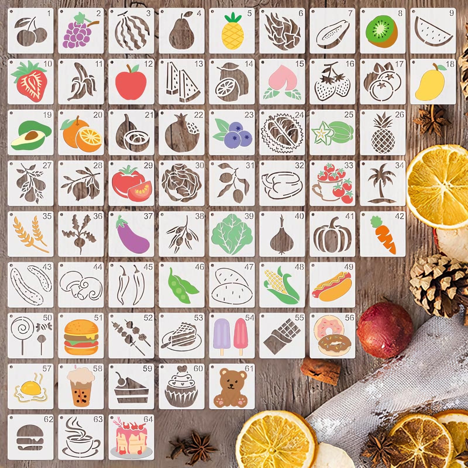 64 Pieces 3 Inch Fruit Food Stencils Reusable Fruit Vegetable Candy Stencils for Painting Wood Fabric Paper Scrapbooking Kids