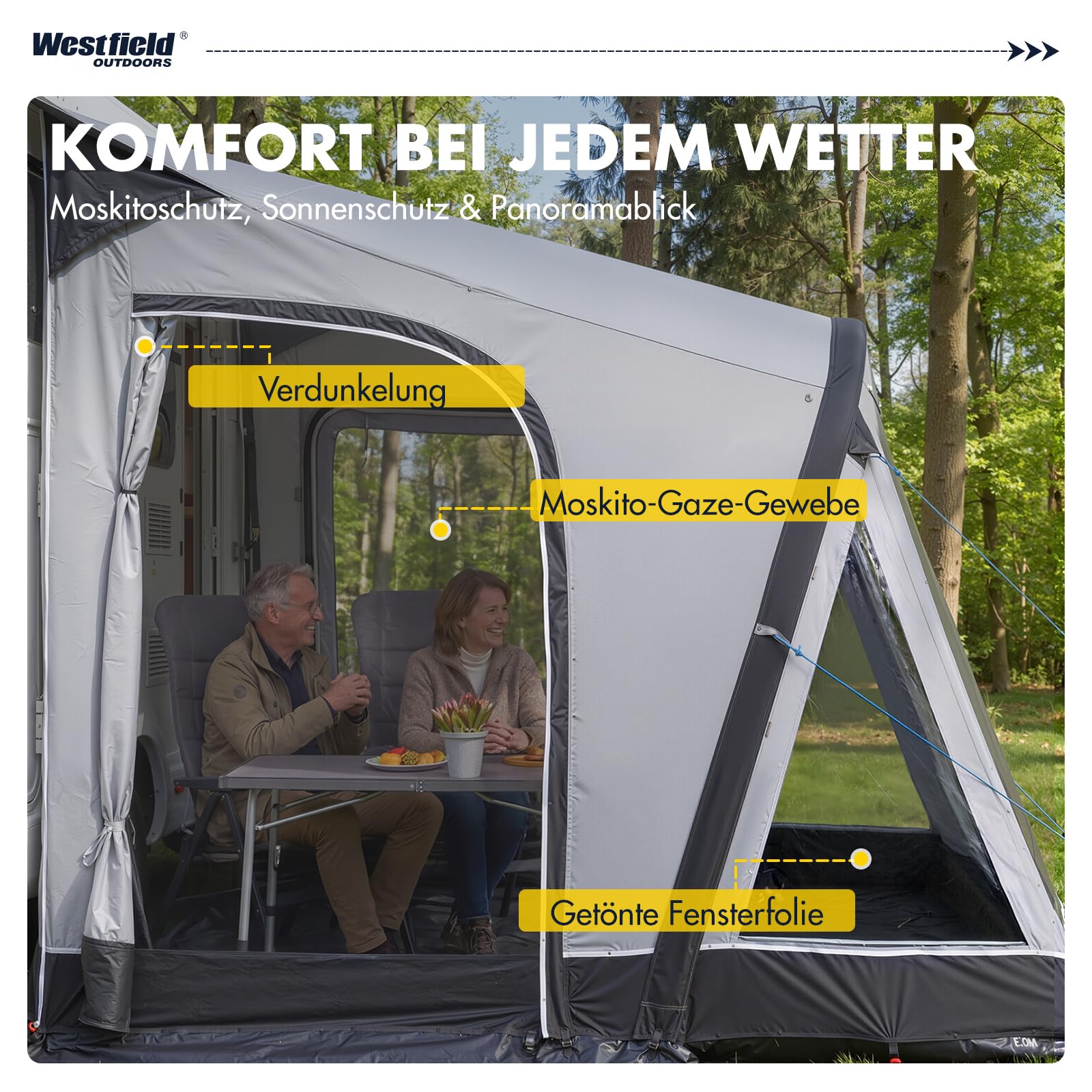 Westfield Outdoors Dorado XL 375 x 250 cm aufblasbares Vorzelt, Wohnwagenvorzelt, Wasserdicht 3000 mm, UV-beständig, Panoramafenster & Moskitoschutz, inklusive Pumpe & Tragetasche