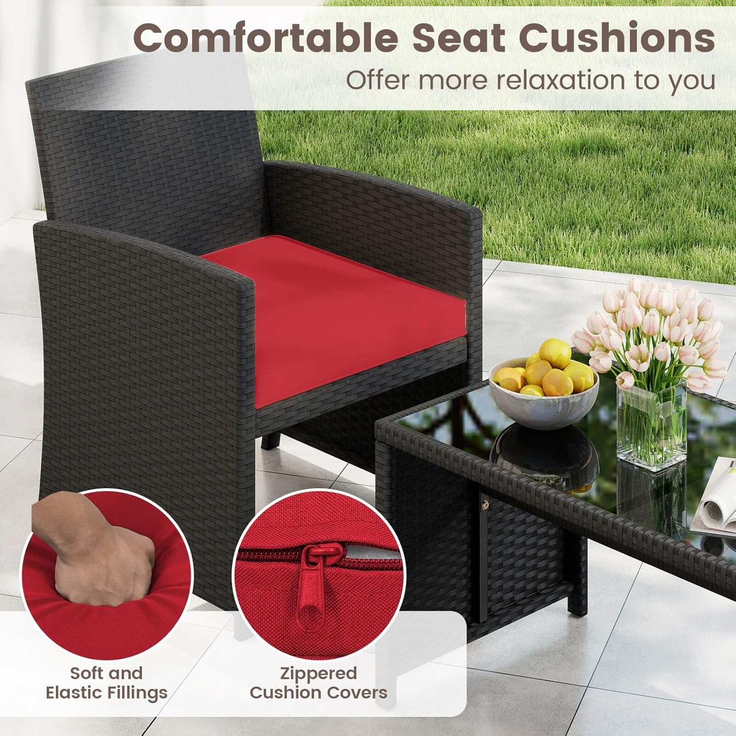 4 PCS Patio Conversation Set w/Seat Cushions & Tempered Glass Tabletop, Porch