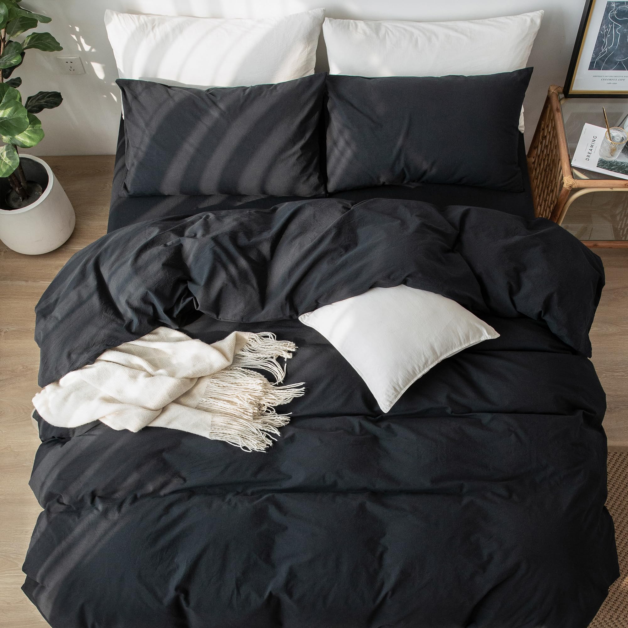 MOOMEE Bedding Duvet Cover Set 100% Washed Cotton Linen Like Textured Breathable Durable Soft Comfy (Black, Queen) - Image 4
