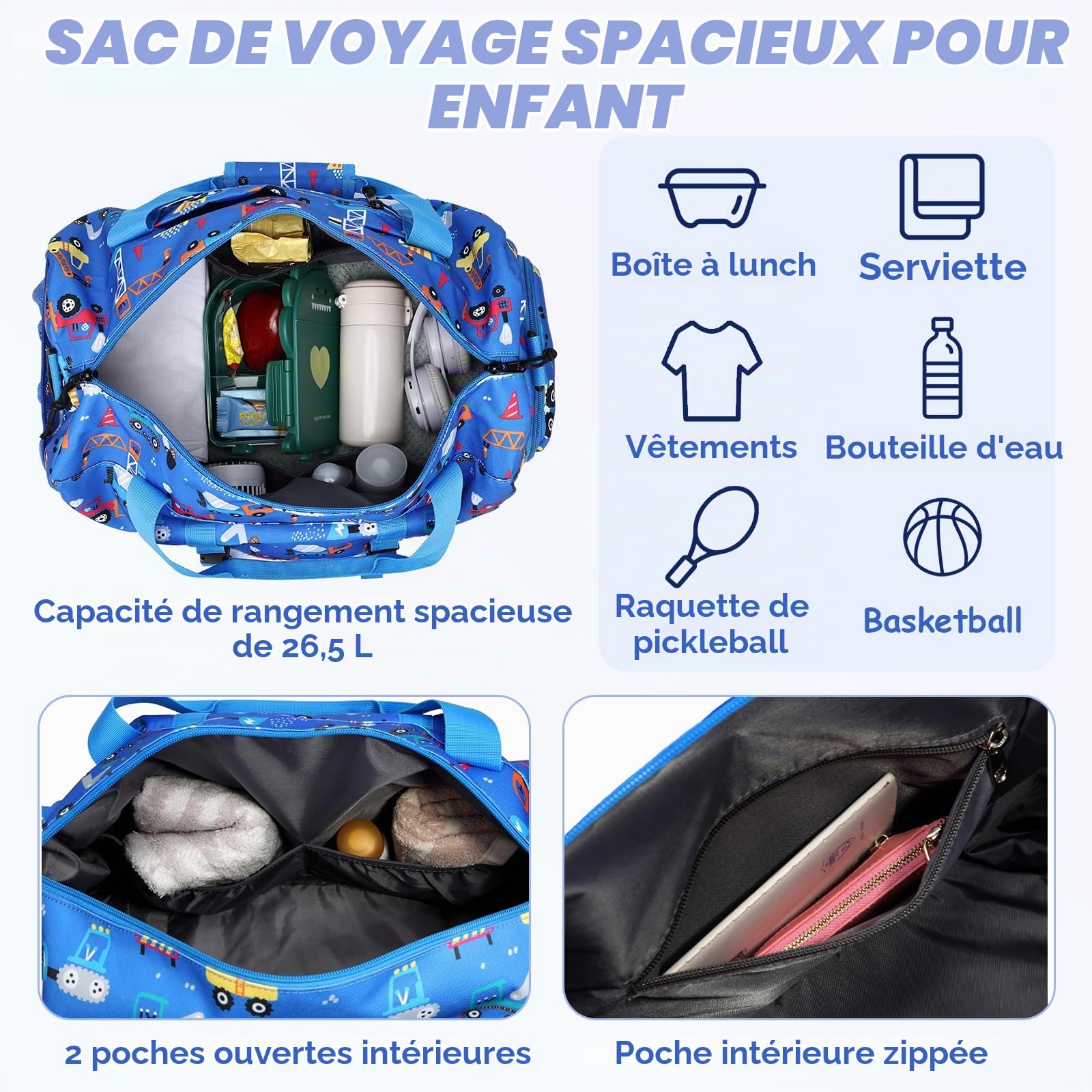 Sac de Voyage Enfant, 26,5L Grande Sac de Sport Garçon Fille Imperméable Sac de Bagage à Main Multifonctionnel avec Housse Bagage et Compartiment à Chaussures Camion Bleu