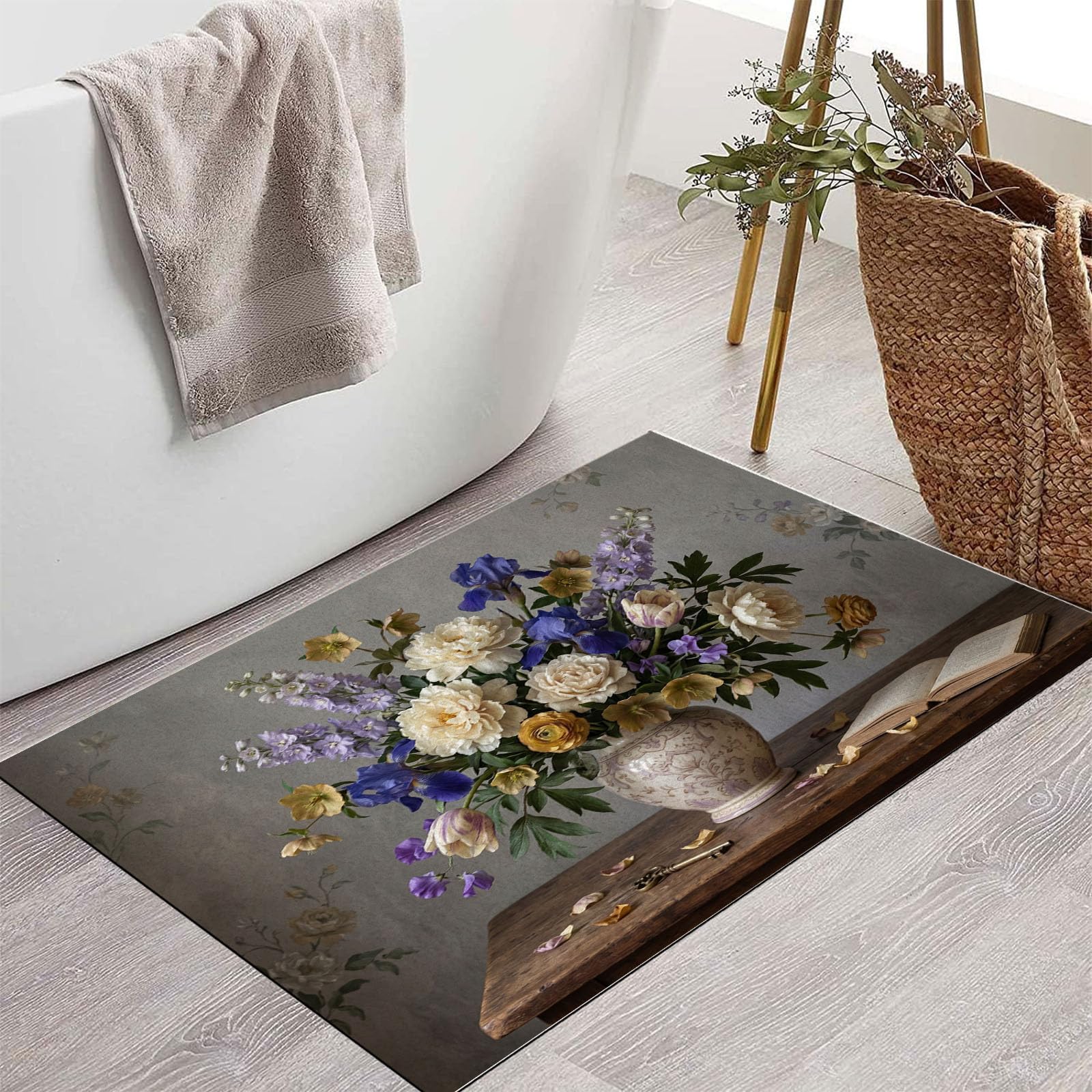 Felpudo Ultrafino Para Interiores,80X120Cm,Pintura Óleo Antigua Sobre Plantas Alfombra Antideslizante Lavable Para Entrada,Jarrón Rústico Antiguo Felpudo De Perfil Bajo,Atrapa Suciedad,Gris Carbón