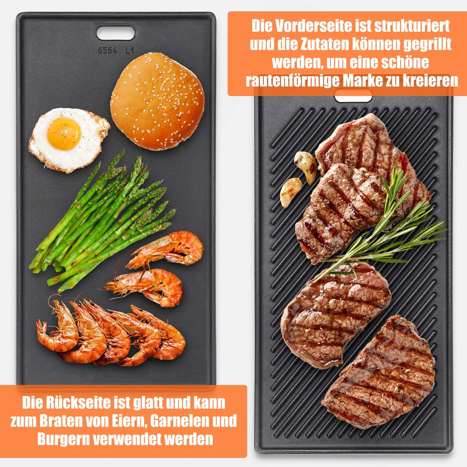 GFTIME 45 x 24cm Wendeplatte Gusseisen für alle RÖSLE VIDERO G2-, G3-, G4- und G6-Modelle (ab Modelljahr 2021), Universal Gusseisen Grillplatte Gasgrill Zubehör, 1 Stück