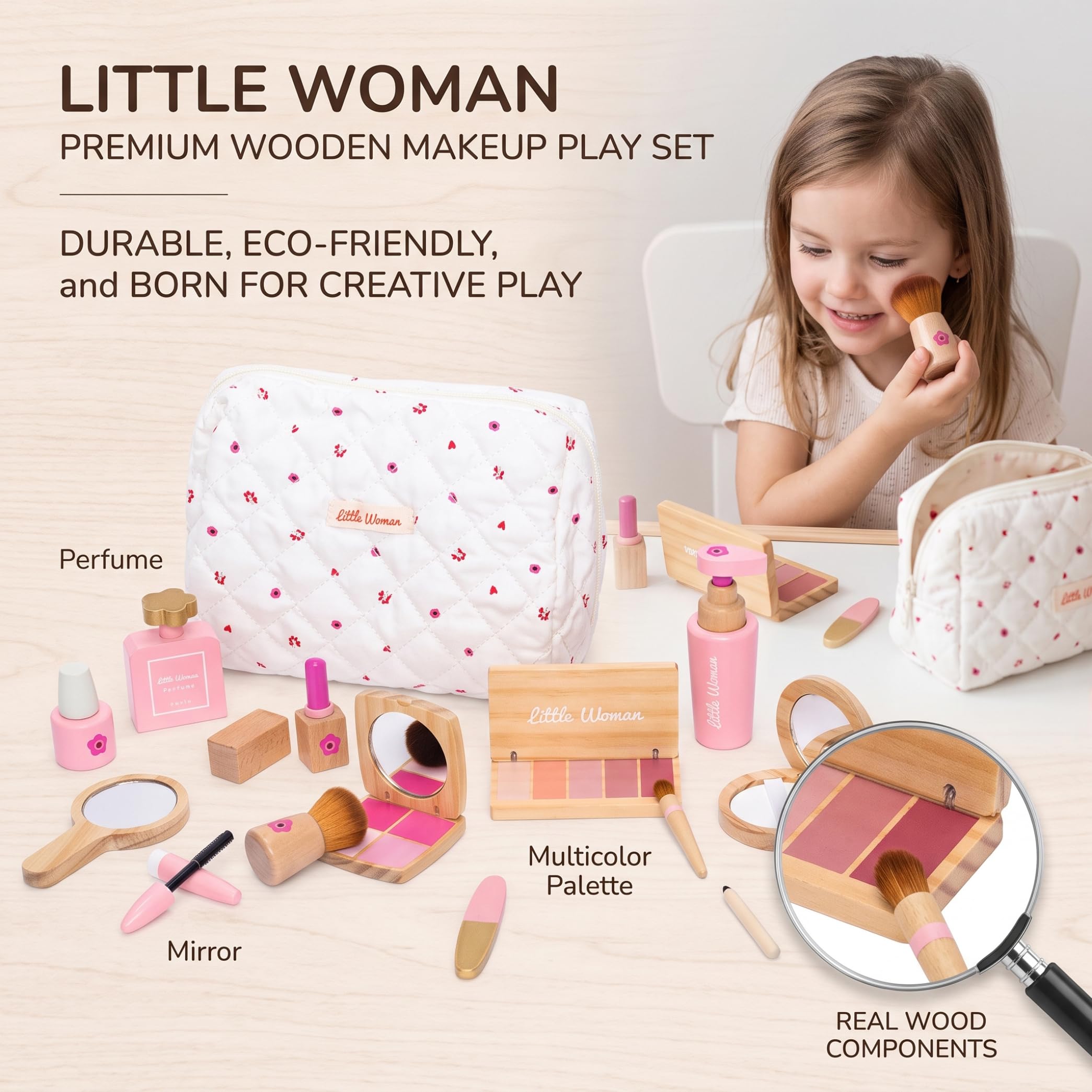 Set de Maquillaje de Madera para niños, Maquillaje de imitación con Bolsa de cosméticos