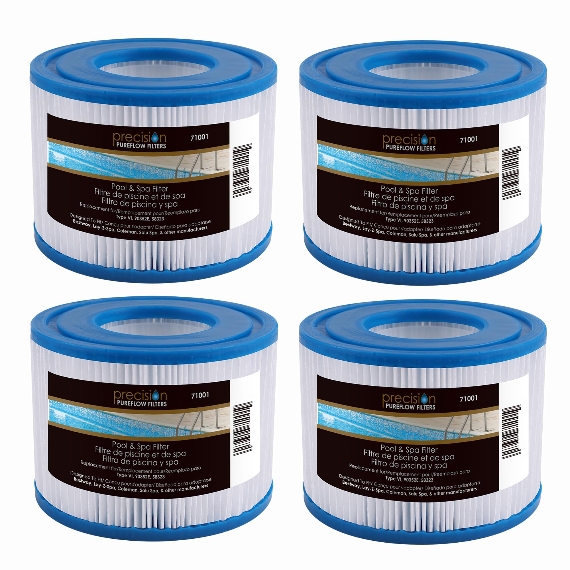 PRECISION PUREFLOW Pool & Spa Filter, Replacement for Type VI, Designed to Fit Bestway, Lay-Z-Spa, Coleman & SaluSpa, 4-Pack