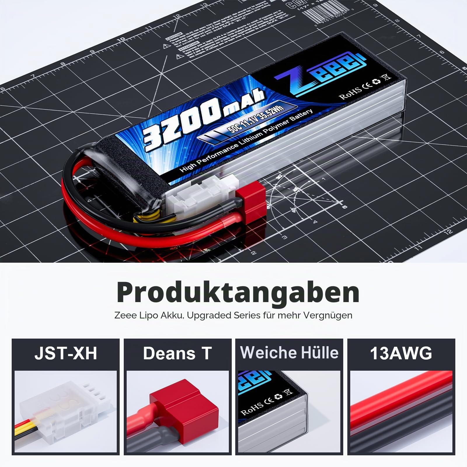 Zeee 3S LiPo Akku 11,1V 50C 3200mAh mit T Stecker(2 Packungen)