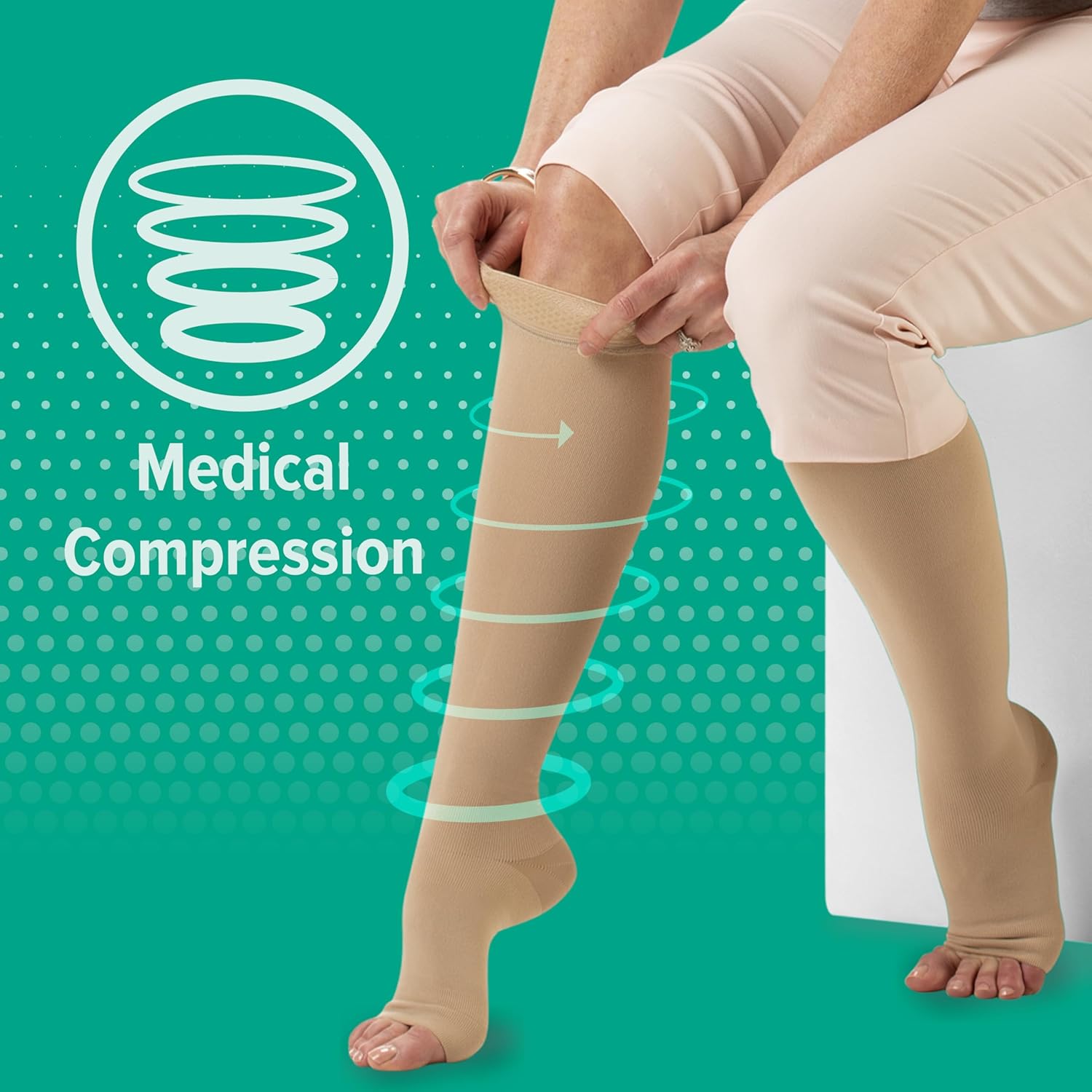 Juzo Assist 3611 オープントゥ ニーハイ シリコンバンド付き - 20-30 mmHg ベージュ V Reg 361