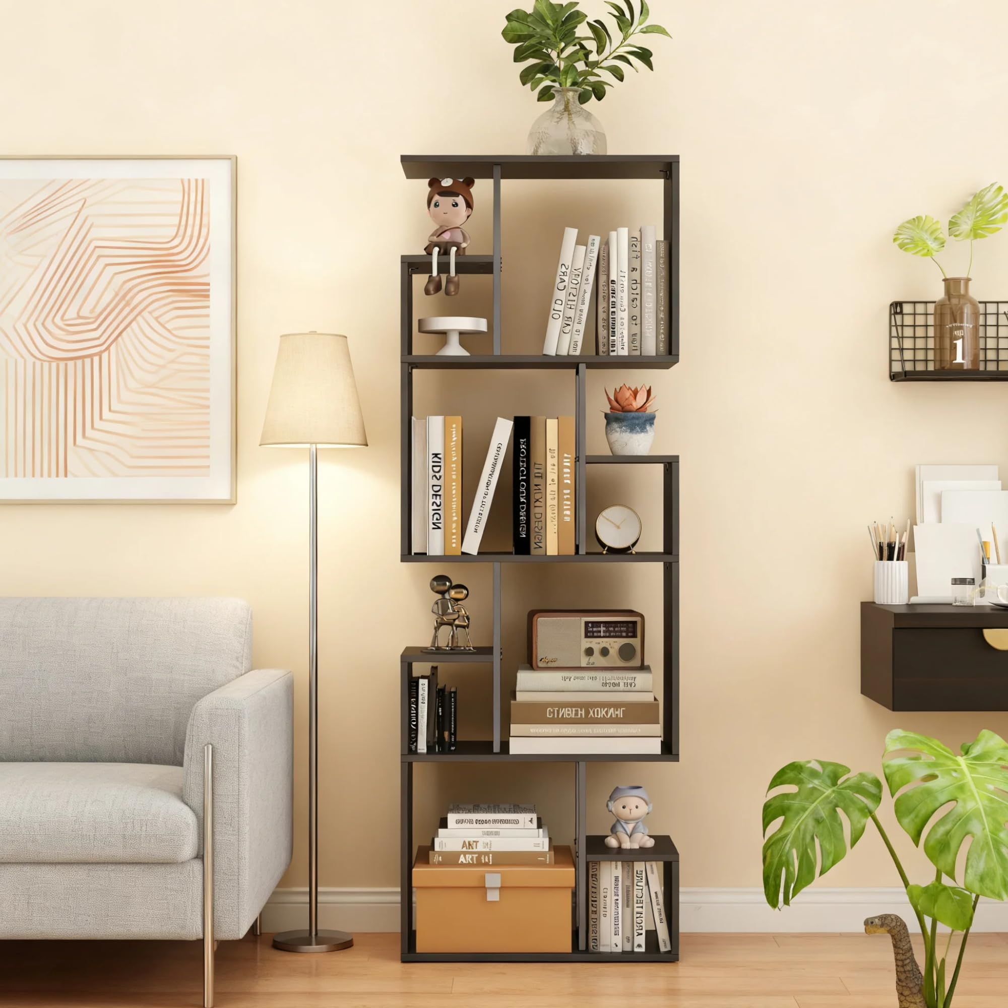 Manora Librería Estanteria con Almacenamiento, Librería En Forma De S De 4 Niveles, Estantes para Salón, Dormitorio, Estudio, 60 x 24 x 174cm, Negro y marrón (Negro y marrón, 60 x 24 x 174cm, 4)