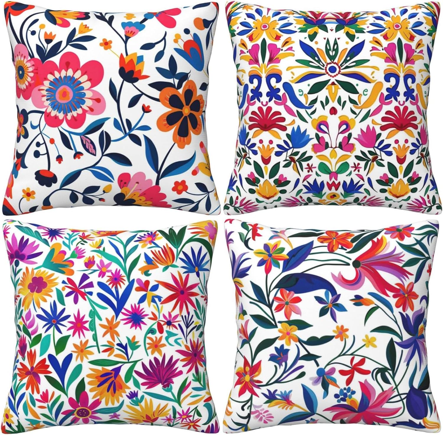 HOSTECCO Mexican Floral Throw Pillow Covers 20x20 inch Set of 4 Colorful Flowers Pillow Cases Ethnic Decorative Cushion Covers for Sofa Couch Bed