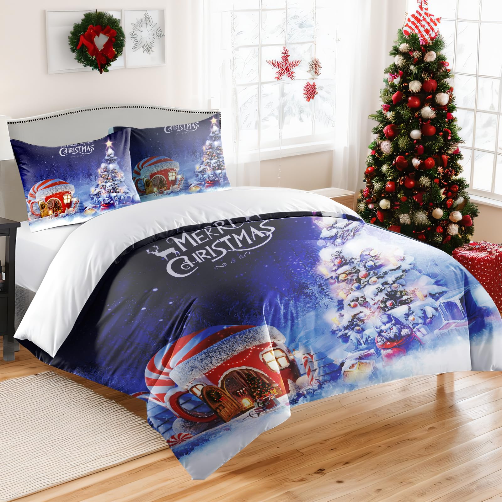 Christmas Duvet Cover Set King Size Santa Easy Care Bedding Set Candy House Tree Printed D...