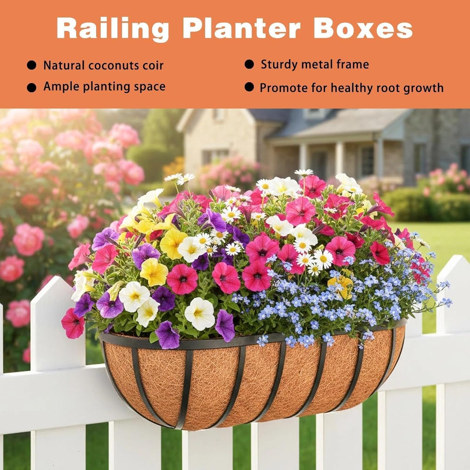 2 Pack 30" Railing Planter Window Box with Coco Fiber Liner Horse Trough Planter The Railing Planter Boxes for Deck Porch Fence Outdoor