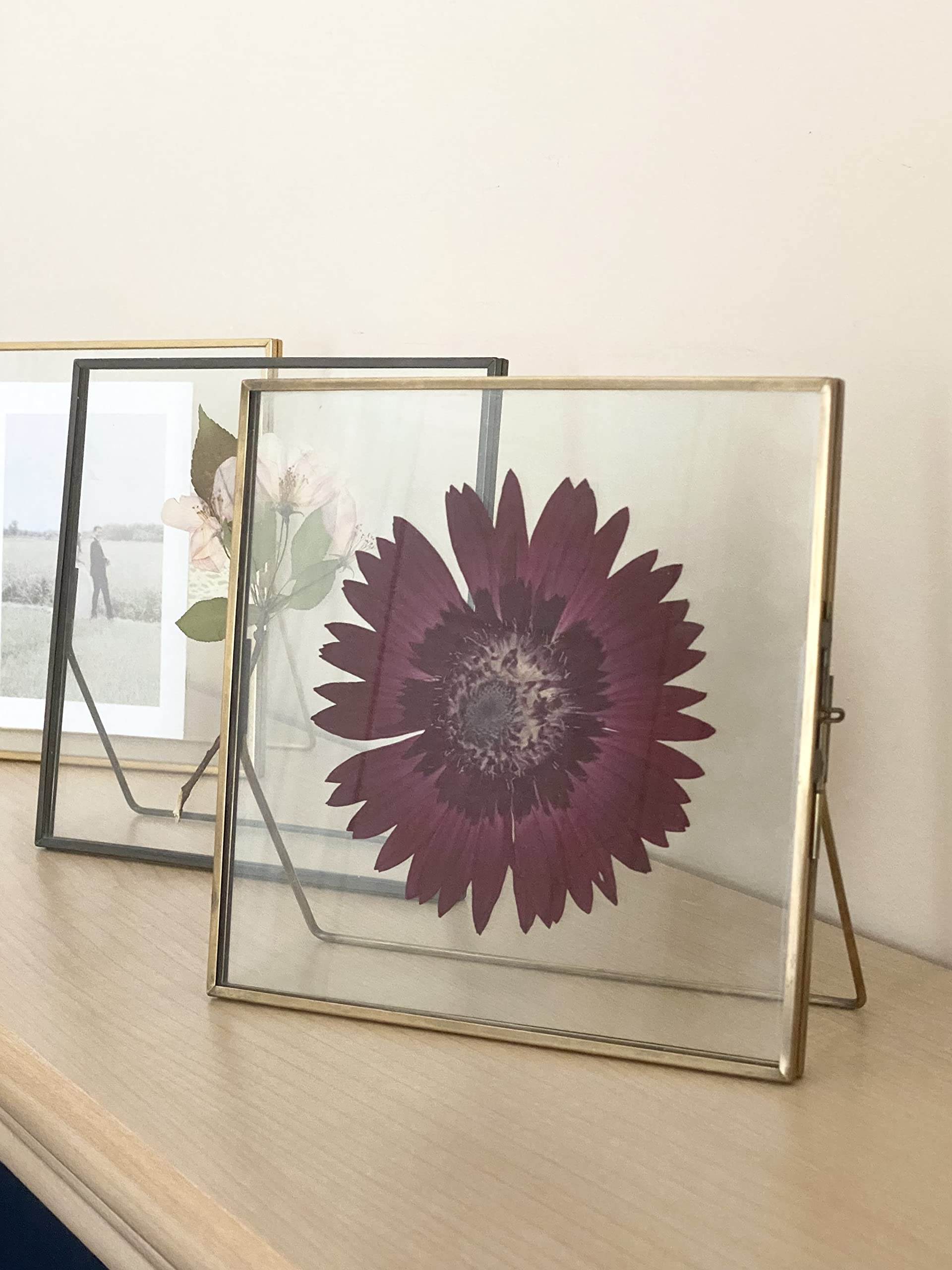 Beedecor Ramka na zdjęcia, 2 szt., podwójna, szklana ramka na zdjęcia z prasowanymi kwiatami, liśćmi i dziełami sztuki, kwadratowa metalowa ramka na zdjęcia 15 x 15 cm, przezroczysta pływająca, do