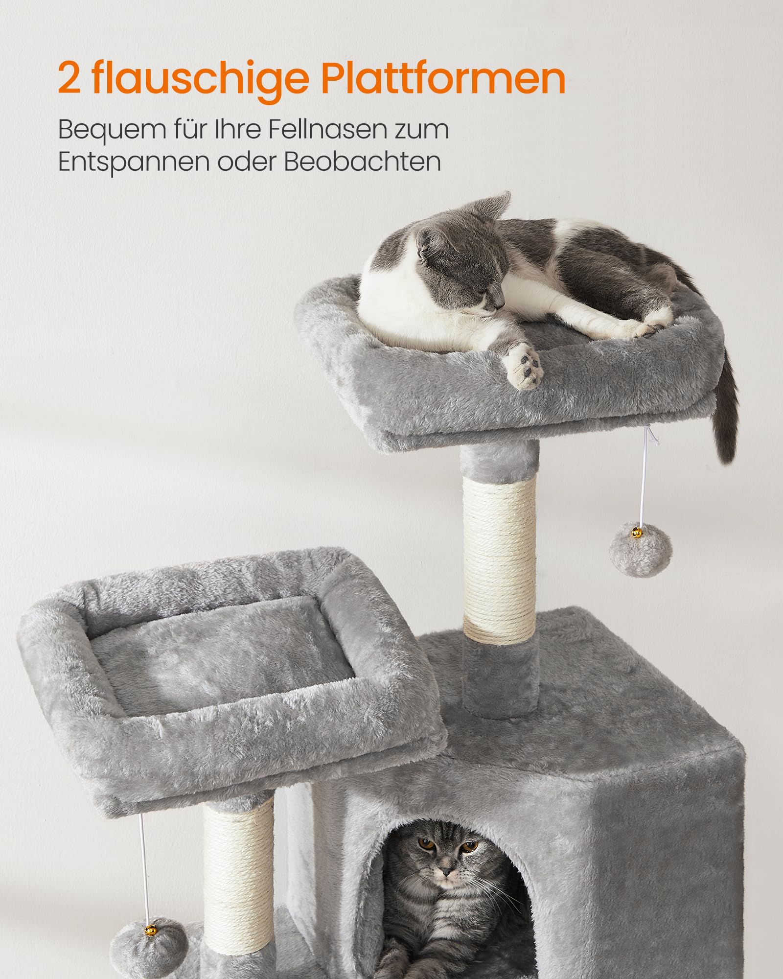 FEANDREA Kratzbaum klein, Katzenbaum mit Kratzbrett, Plattformen, für Katze, weicher Plüsch, 115 cm, vollständig mit Sisal umwickelte Säule, hellgrau PCT141W01
