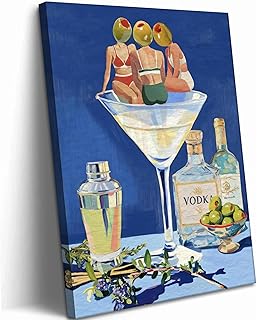 Cgglye Vintage Dirty Martini Bar Cart Canvas Wall Art Retro Cocktail Picture Wall Decor Woman Retro Drink Blue Poster Trendy Antique Alcohol Painting Print Artwork for Kitchen Dining Room Restaurant