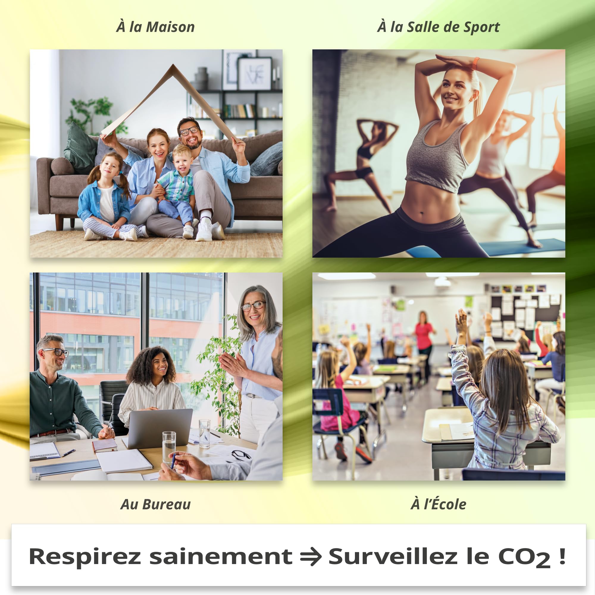 éCO2 - Moniteur de Qualité de l'Air Intérieur - Détecteur CO2 Précis et Durable - Capteur CO2, Température et Humidité - Autonome et Portable - Parfait pour Maison/Bureau/École