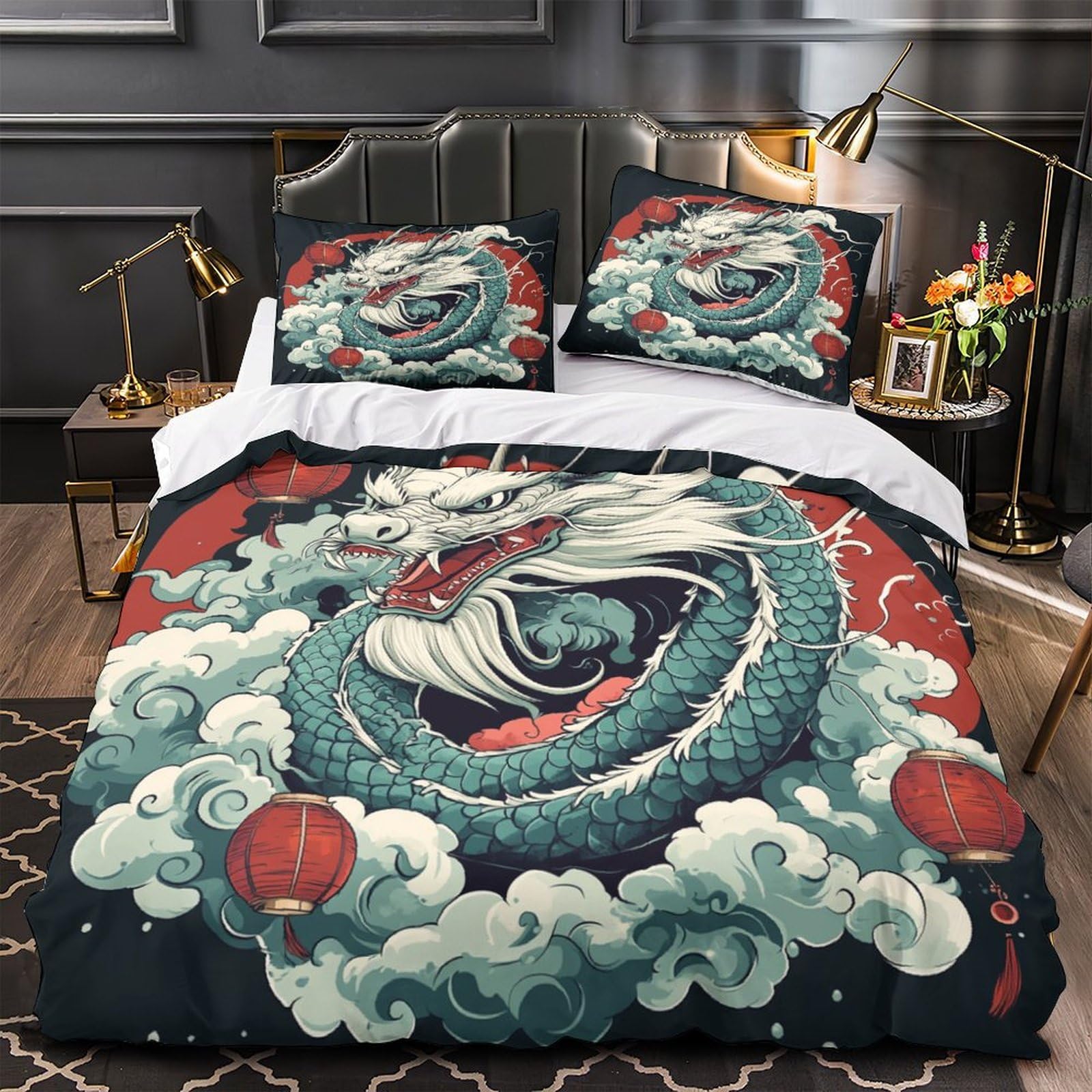 Housse de Couette Dragon Chinois 3D Microfibre Anti-Décoloration pour Lit Super King