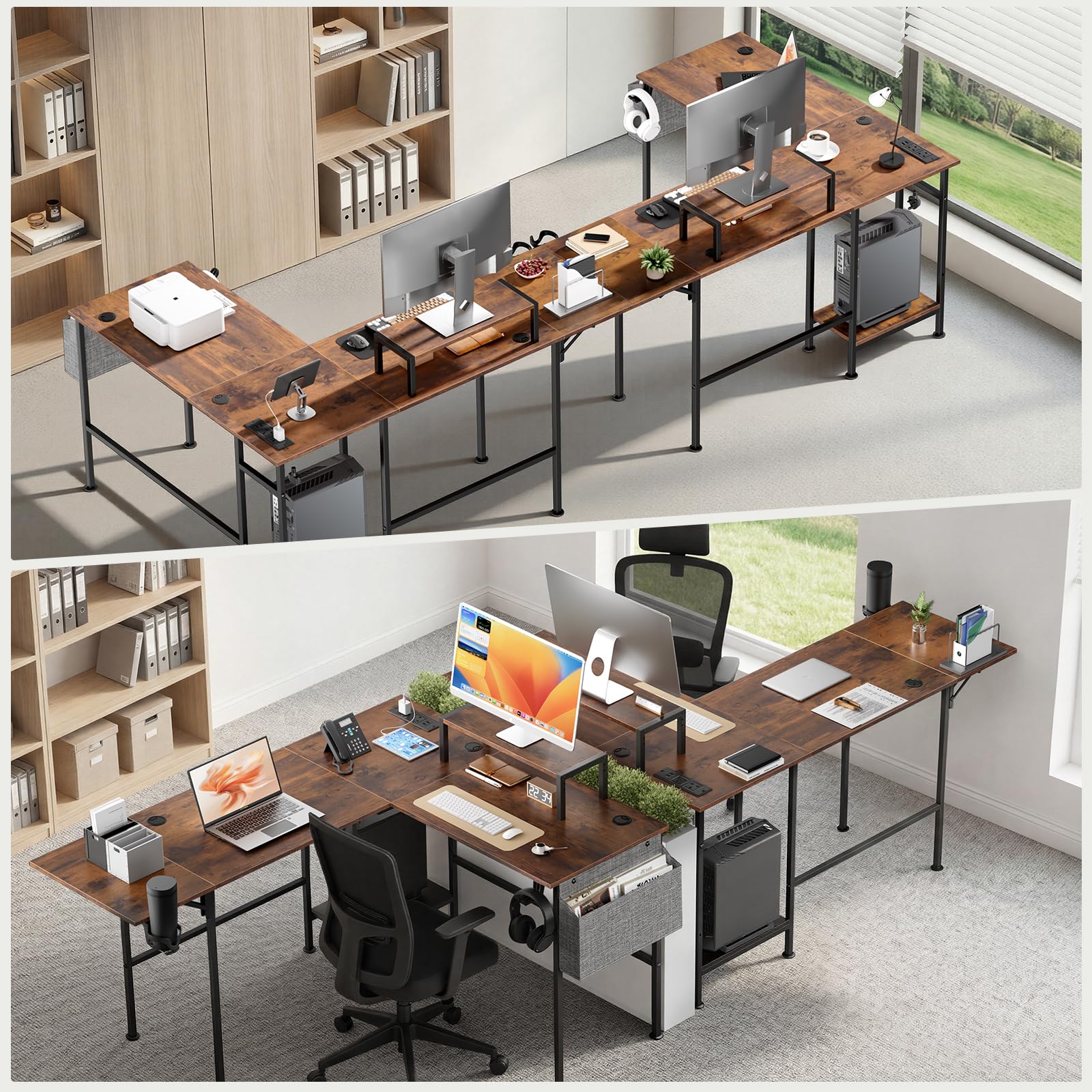 L Shaped Computer Desk with Folding Desk Extender Tray &Power Outlet, Brown, Rustic Brown, (120-220)cm×50cmx74 cm - Image 7