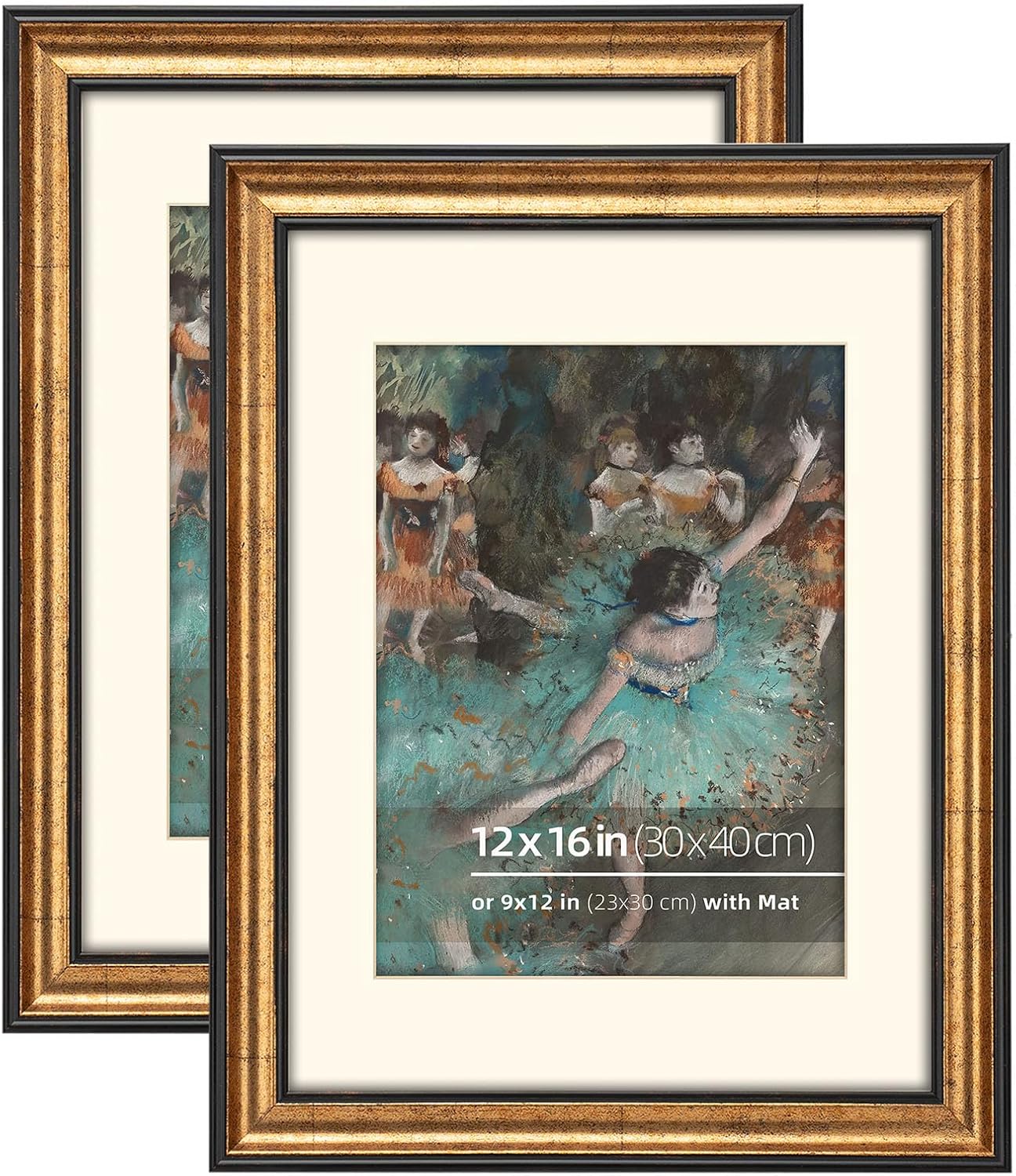 12x16 Antique Gold with Dark Brown Border Trim Wood Ornate Vintage Classic Picture Frame, With Mat 9x12 inches, Plexi Glass Cover, Horiztonal or Vertical Display, 2 Pack