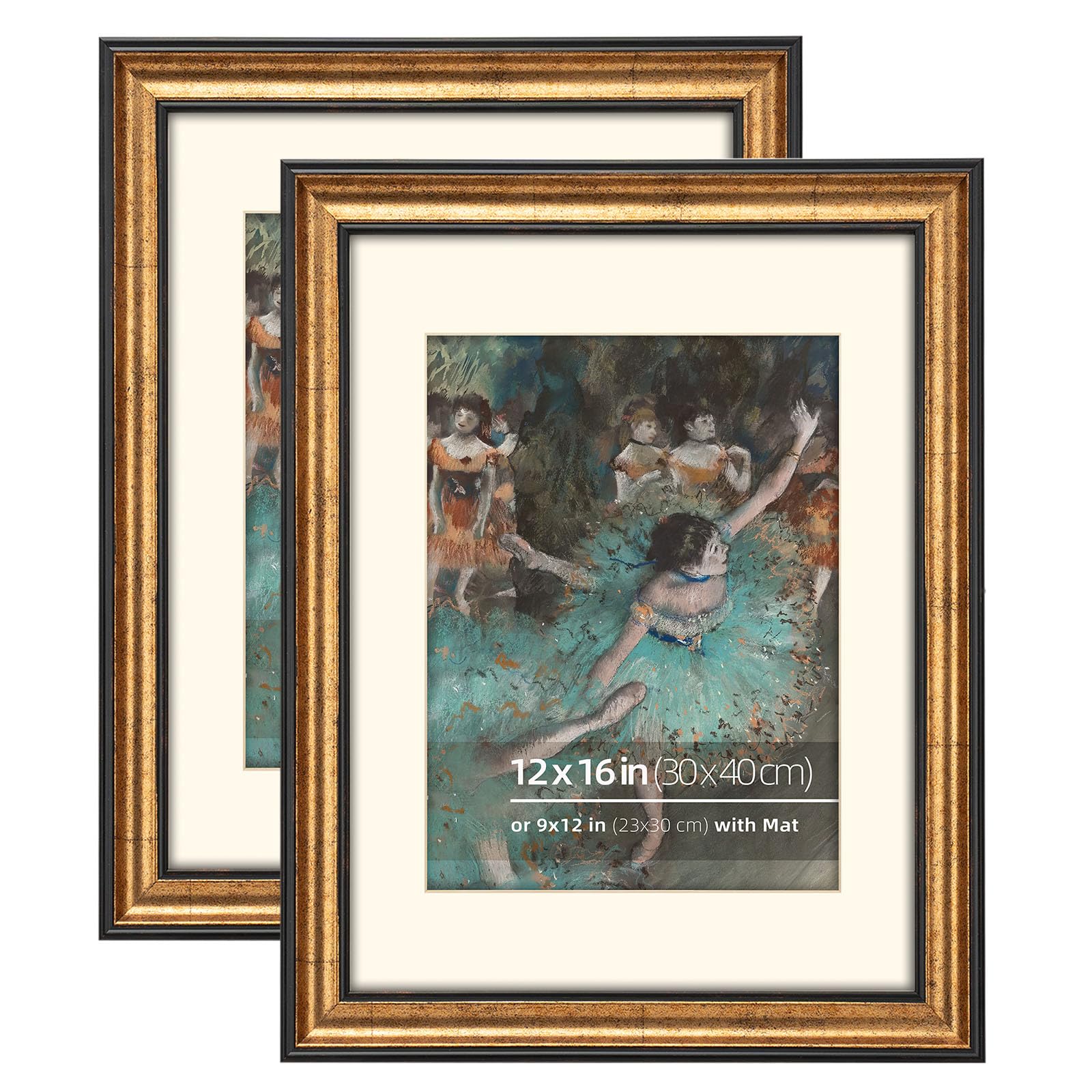 Picture Frame, 12x16 inch Antique Gold with Dark Brown Border, Wood Frame with Glass, Mat for 9x12 inch Photos
