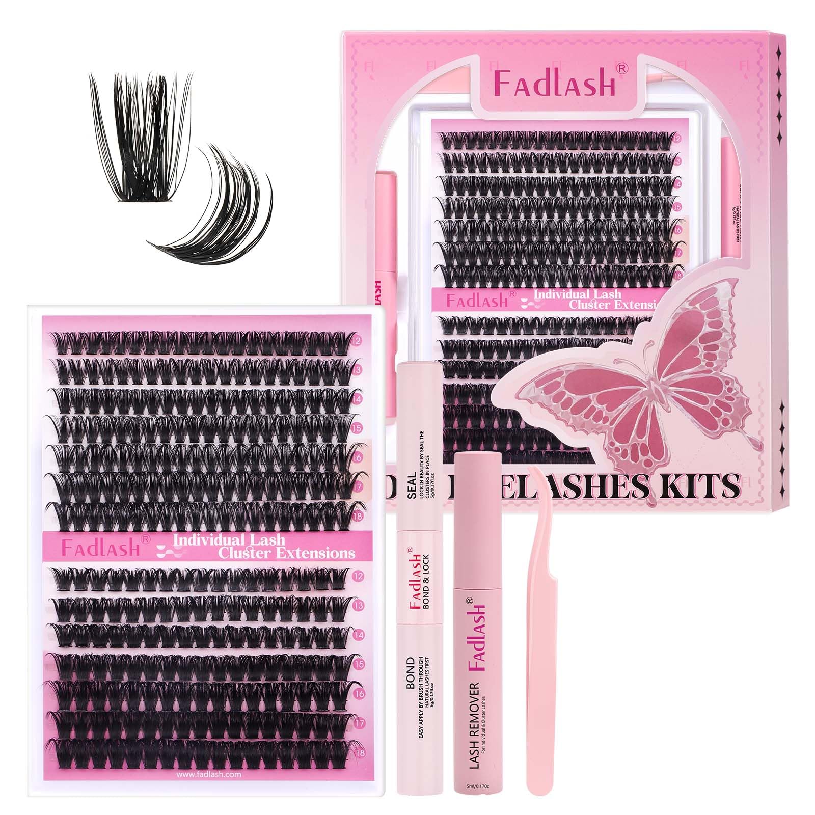 FADLASH Lash Extension DIY Kit Lash Clusters D Curl Cluster Lashes with Lash Bond and Seal Cluster Lashes Glue Remover Lash Tweezers for DIY Eyelash