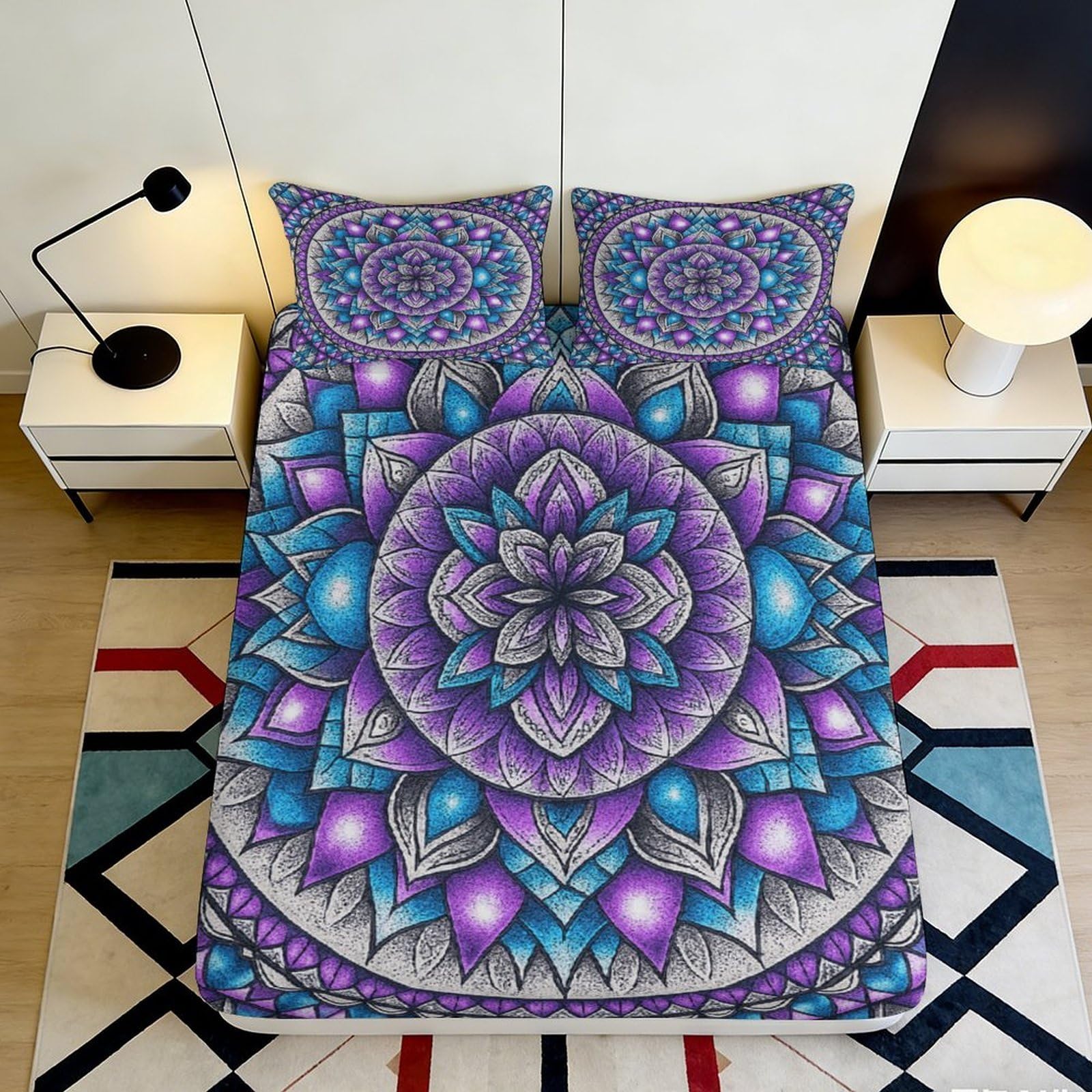 Jqzkxnhpbr Style-4 3D Printed Mandala Flower Fitted Sheet Microfiber Purple Blue Bed Cover Bedroom Dorm Mattress Protection Decor 90X200x25cm