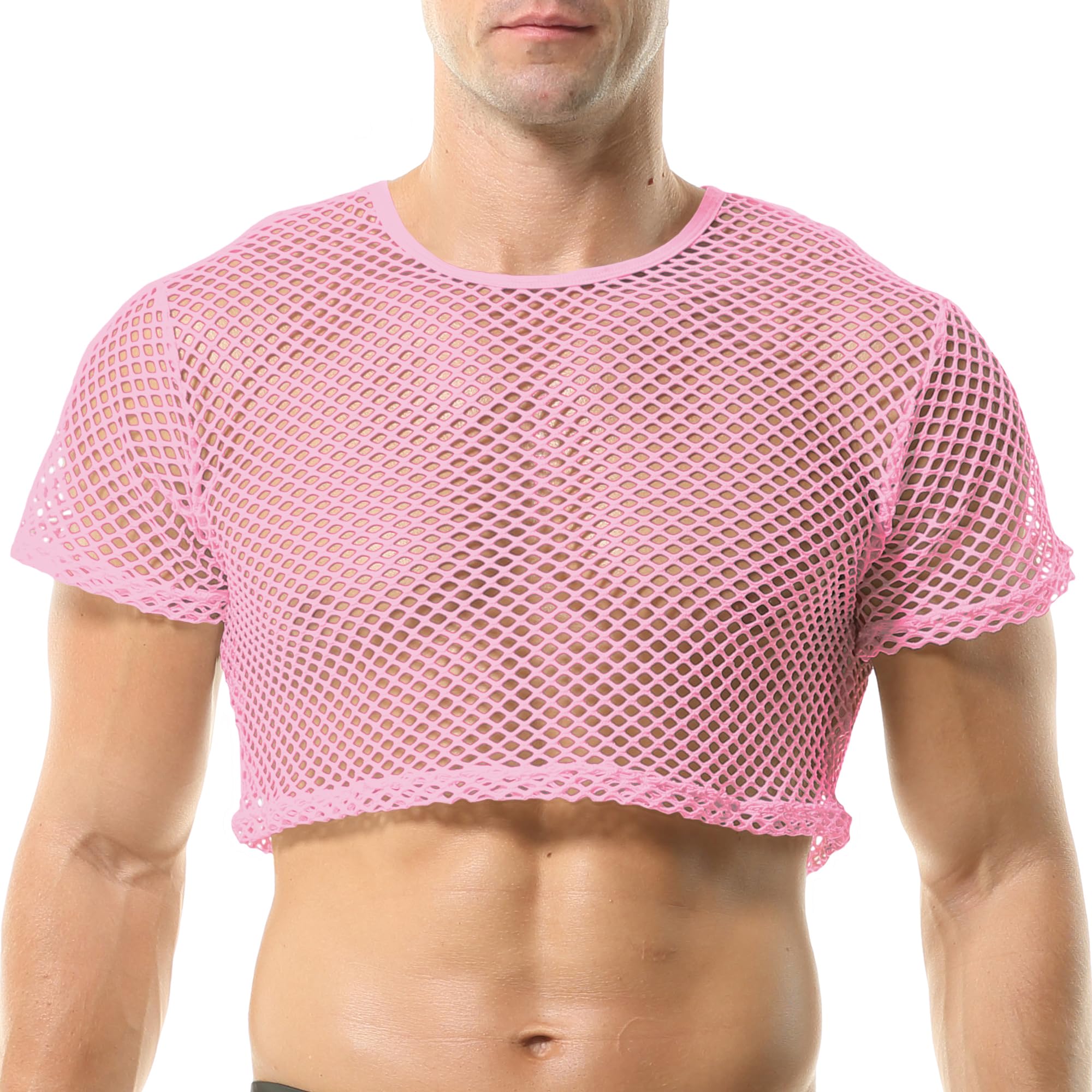 QiaTi Camisa de malla para hombre, transparente, manga corta, camiseta de malla, ropa interior sexy