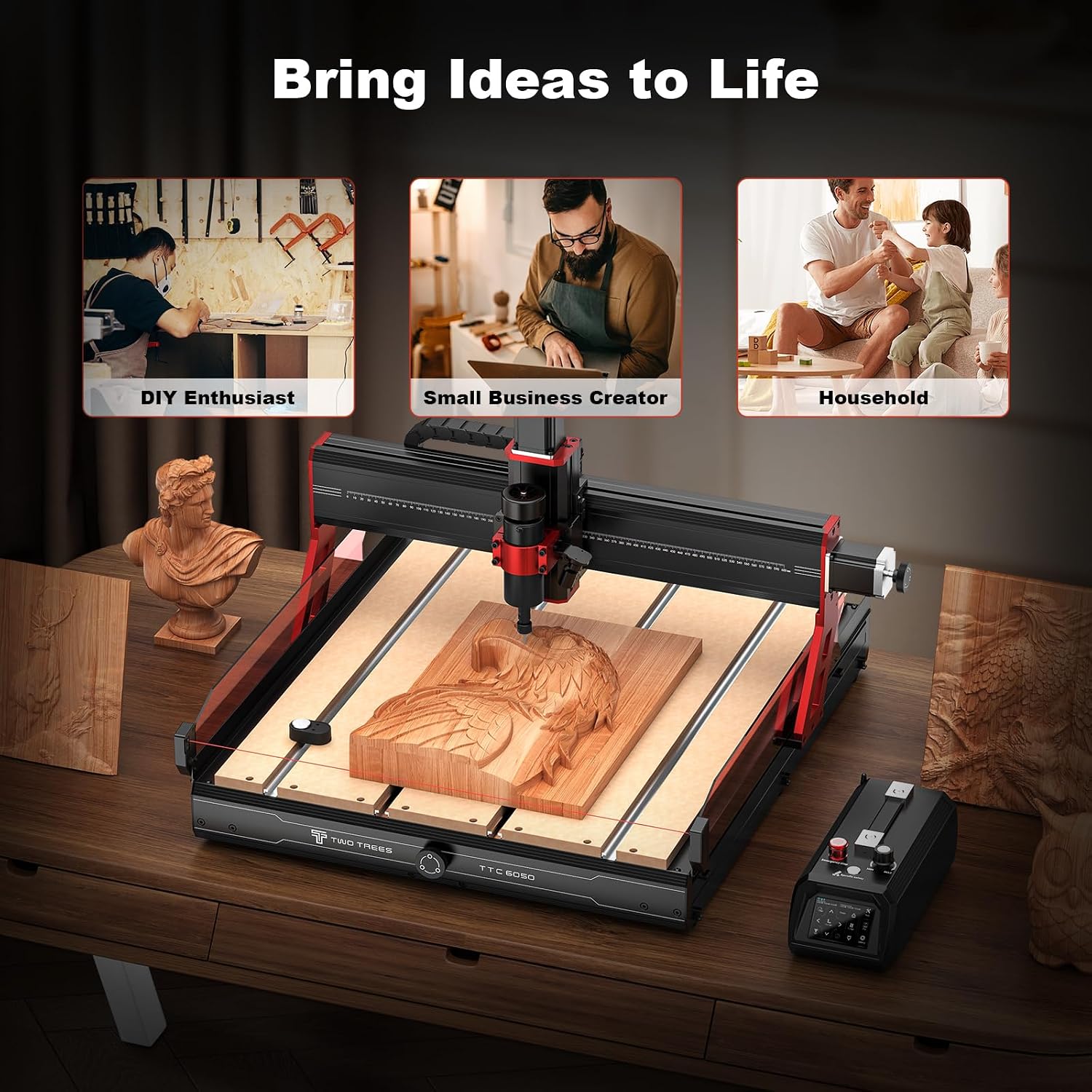 TTC6050 CNC machine in use, showing applications for DIY enthusiasts, small business creators, and household projects.